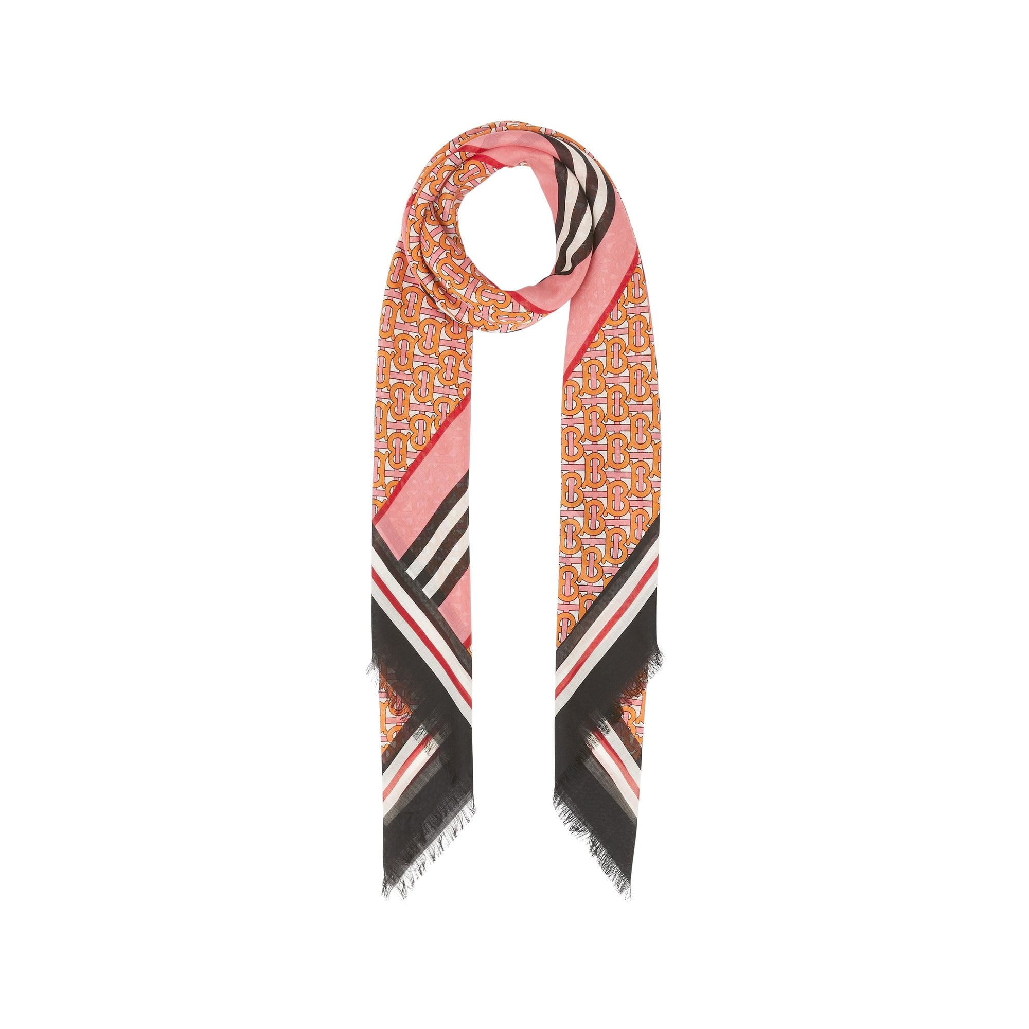 Grand carré en laine et soie monogramme à rayures - Camelia Pink
