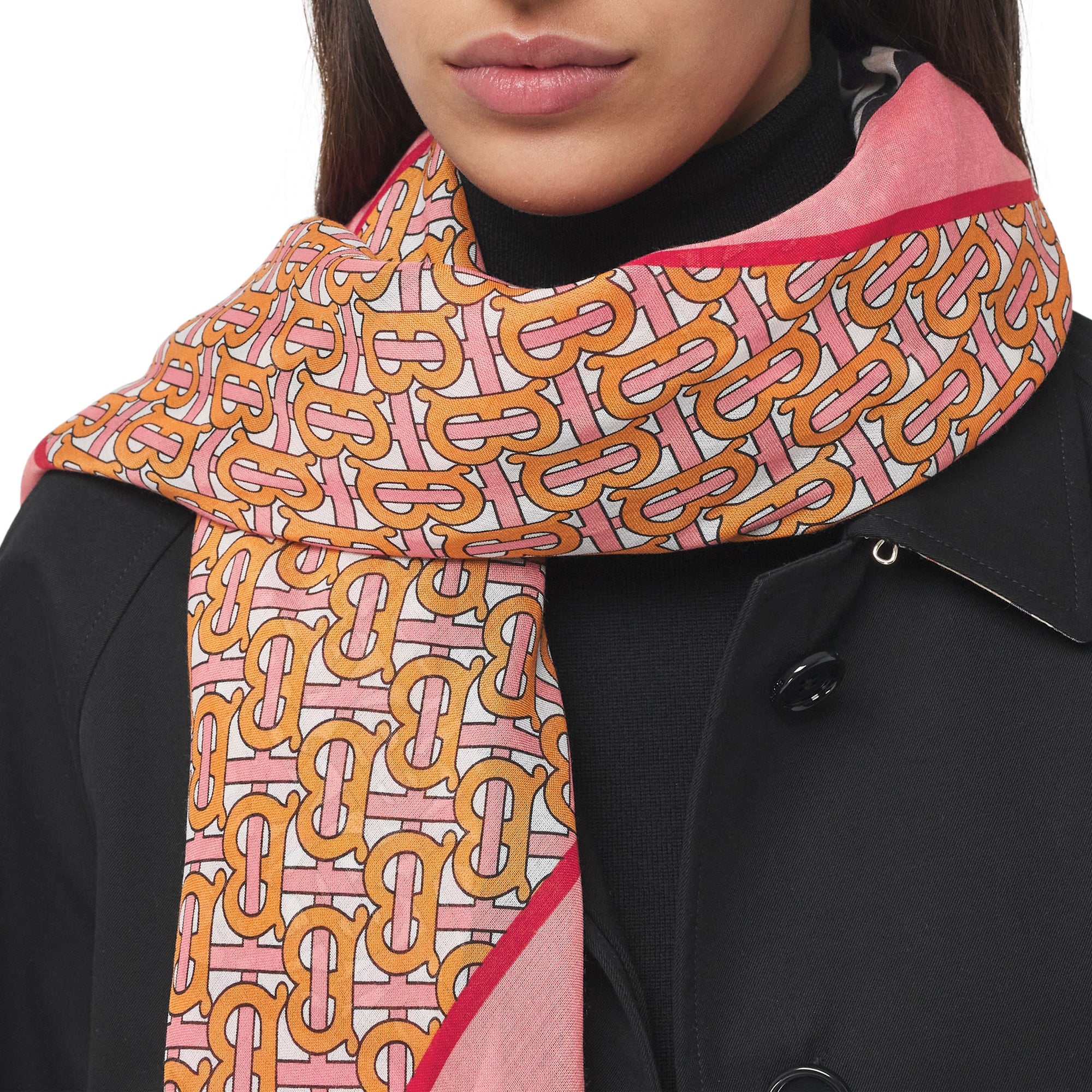 Grand carré en laine et soie monogramme à rayures - Camelia Pink