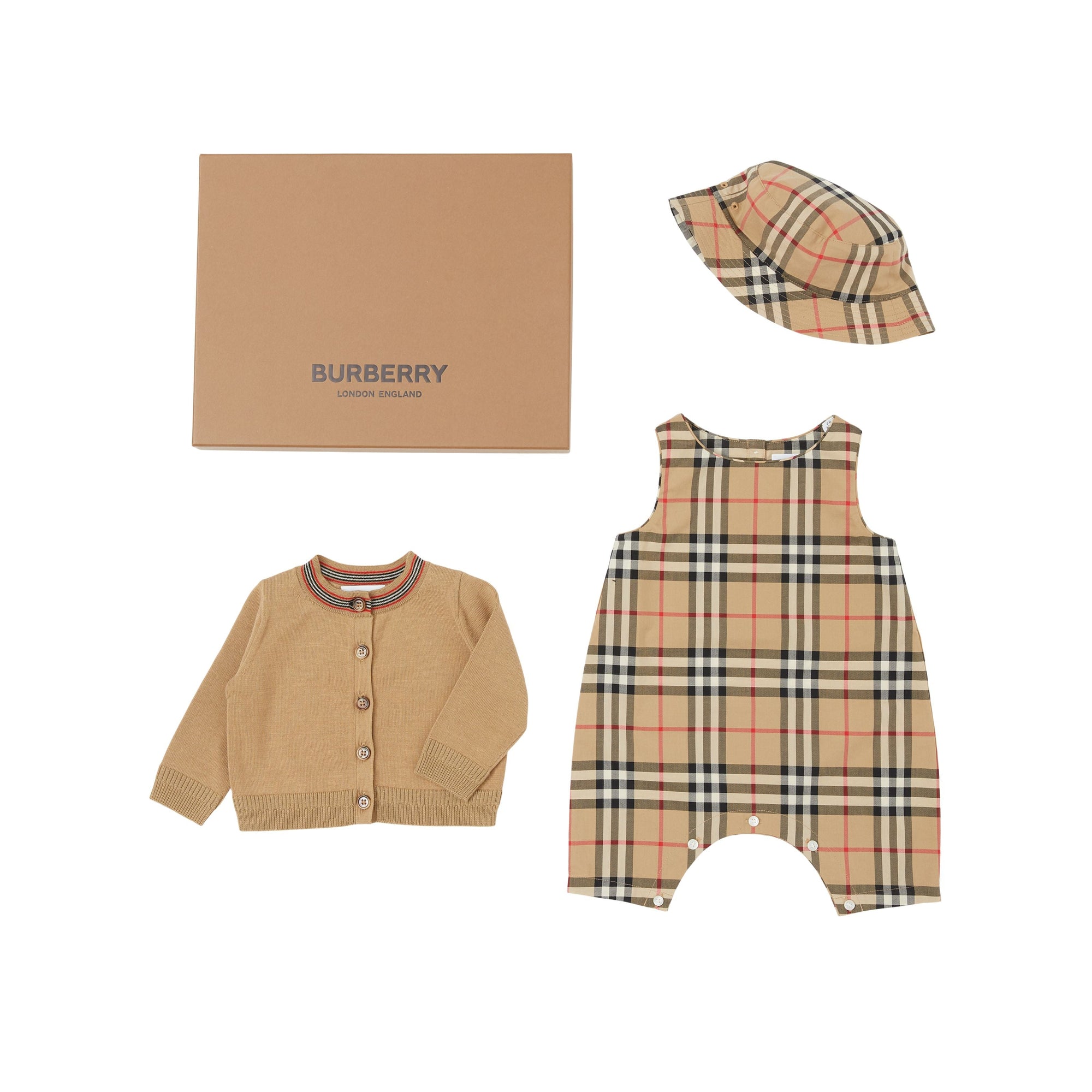 Coffret cadeau trois pièces pour bébé en coton - Archive Beige Check
