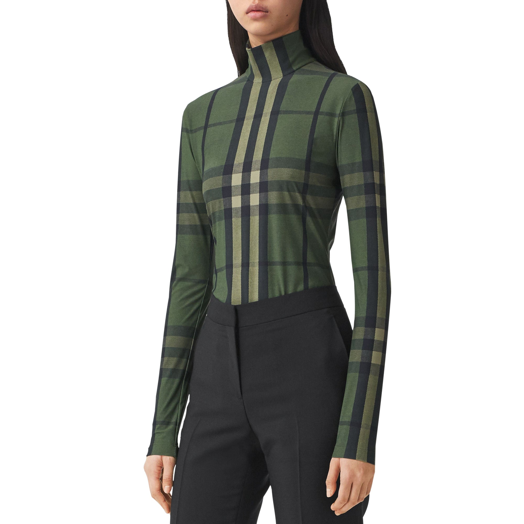 Haut à col montant en jersey stretch Check - Military Green