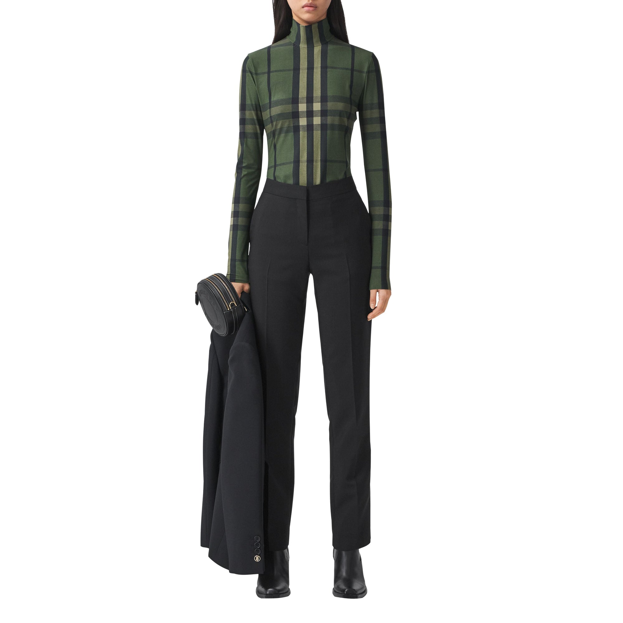 Haut à col montant en jersey stretch Check - Military Green