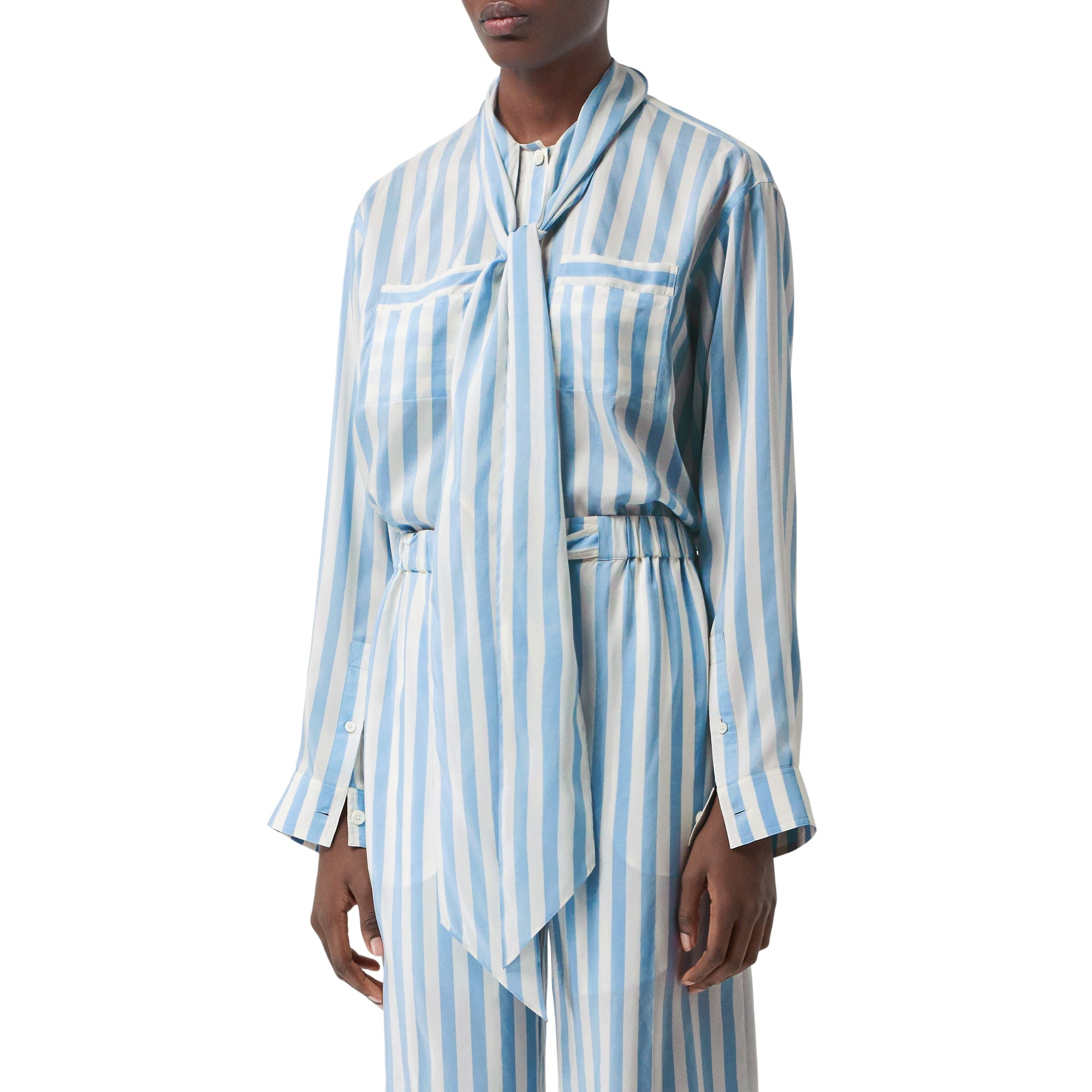 Chemisier en soie rayé à col noué - Vivid Cobalt Stripe