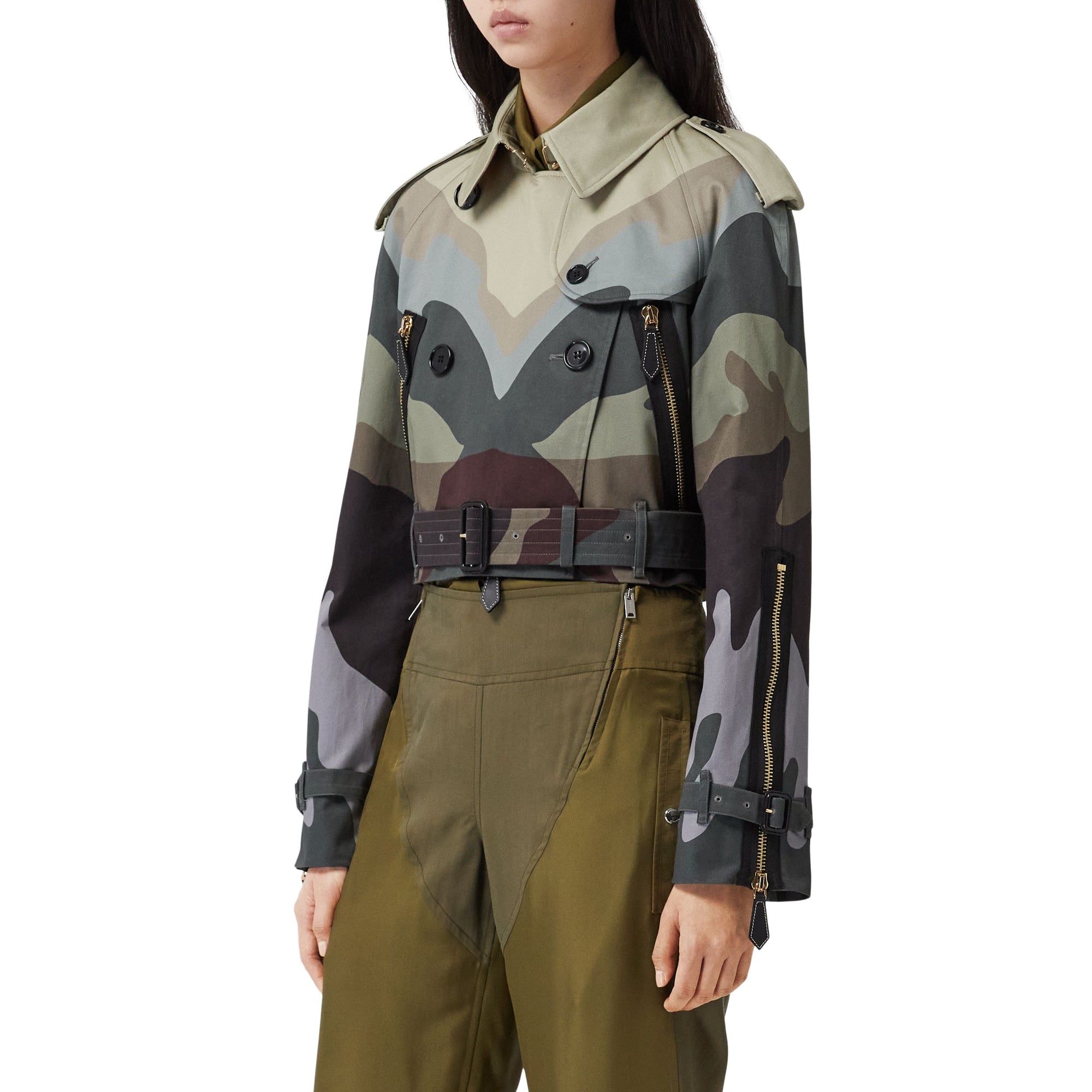 Trench court en coton à imprimé camouflage - Sage Green