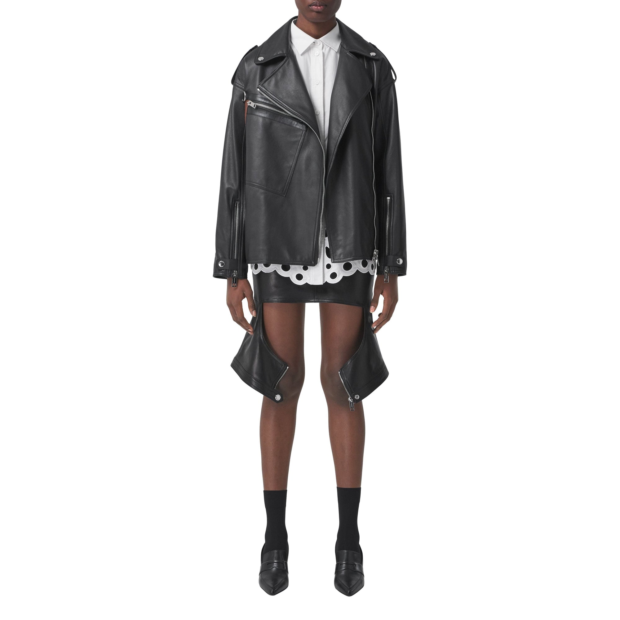 Minijupe en cuir d'agneau stretch avec découpes - Black