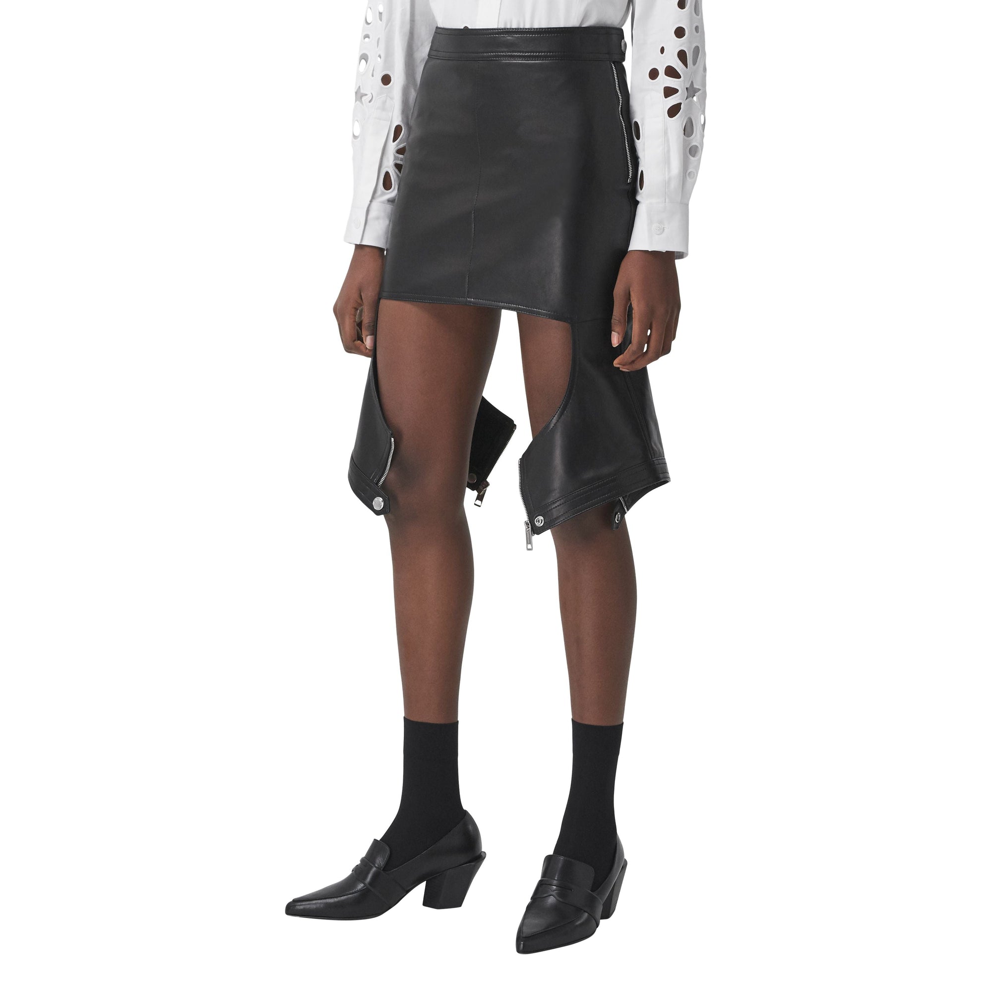 Minijupe en cuir d'agneau stretch avec découpes - Black