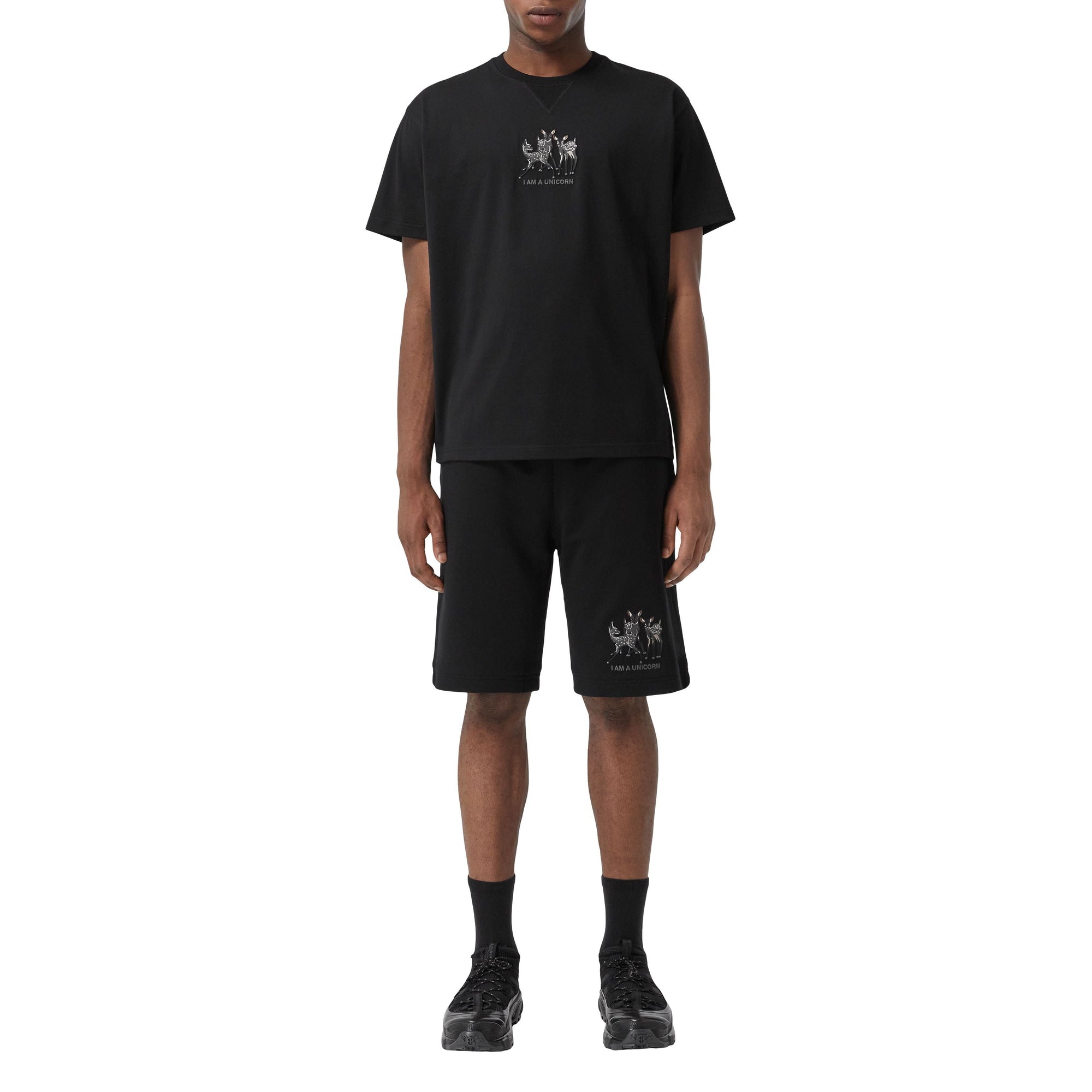 Short à cordon de serrage et motif cerf brodé - Black