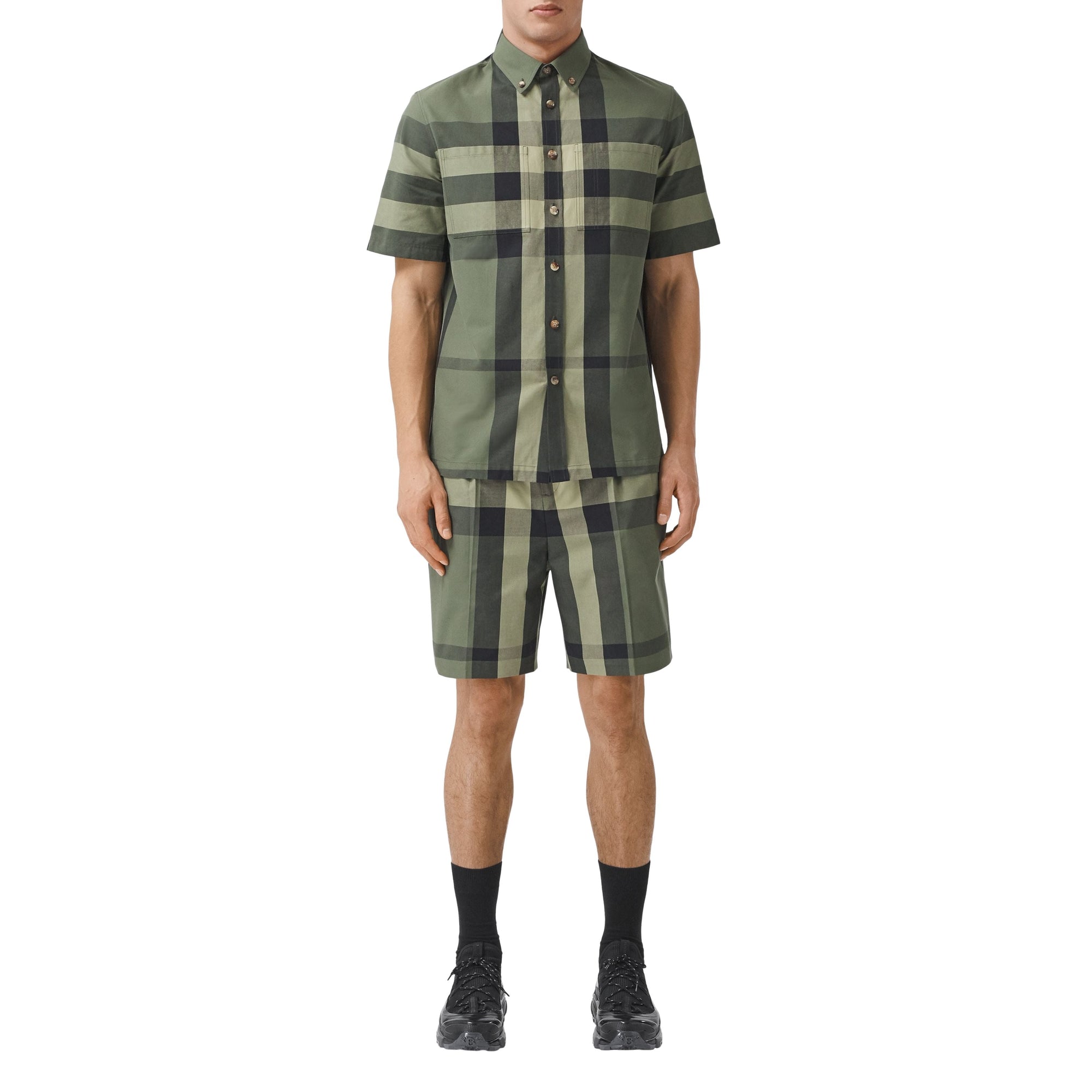 Short ajusté en coton à motif check - Military Green