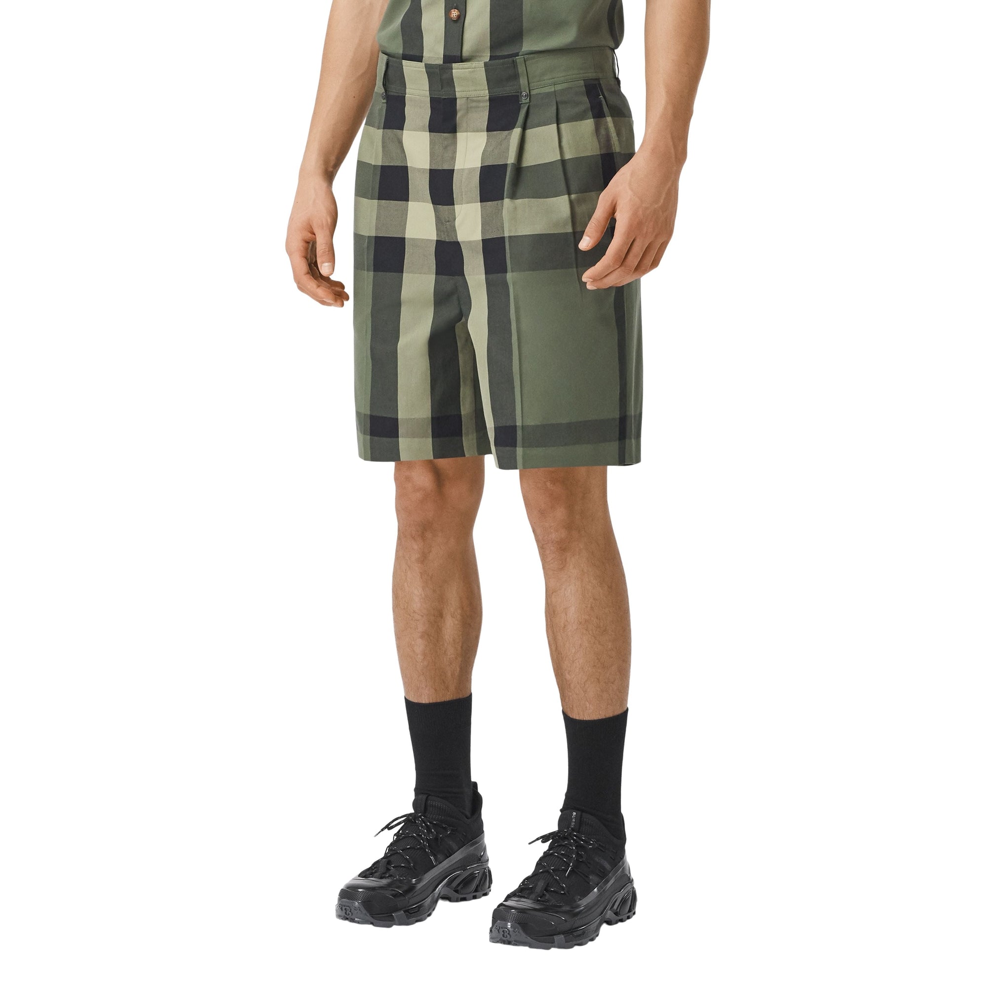 Short ajusté en coton à motif check - Military Green
