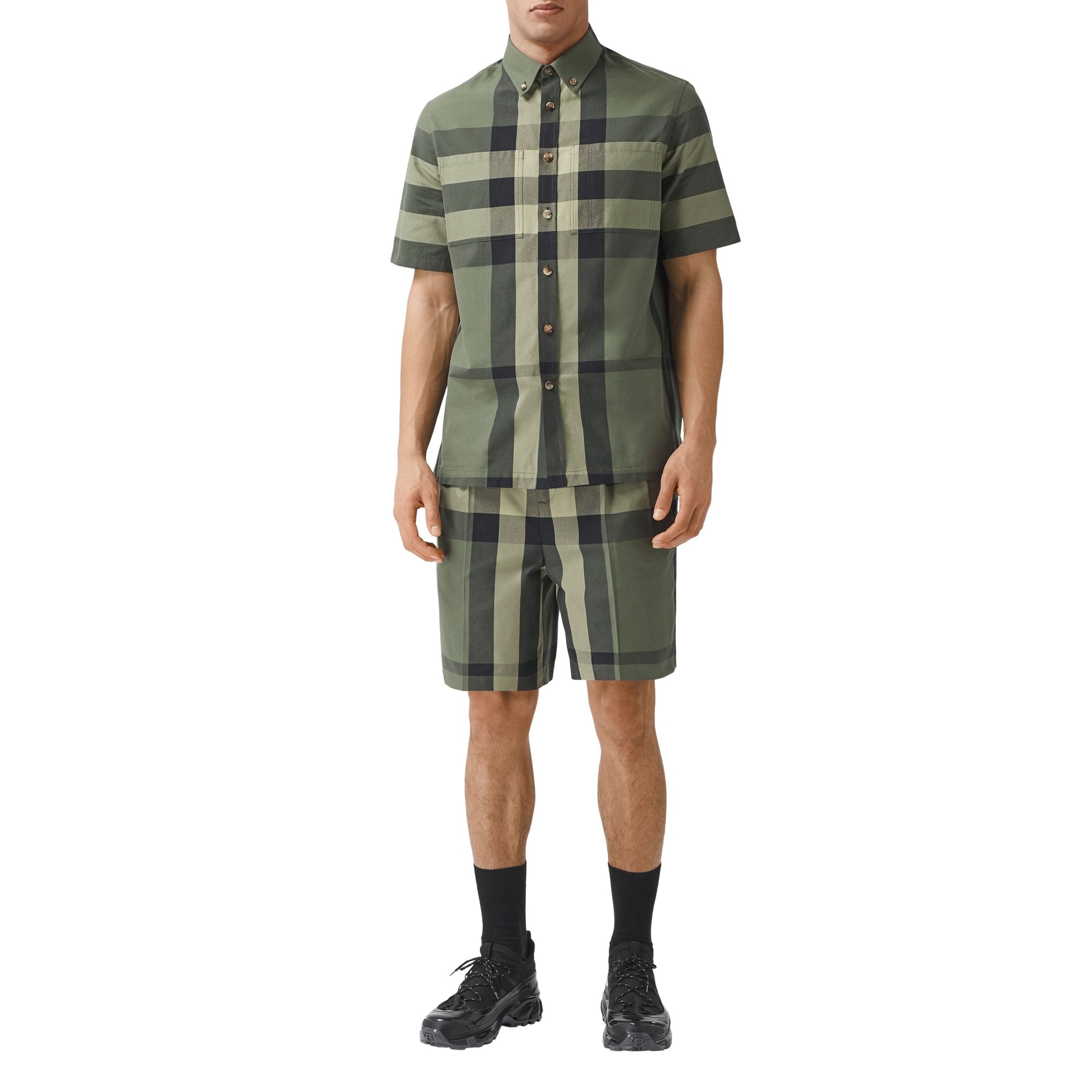 Short ajusté en coton à motif check - Military Green