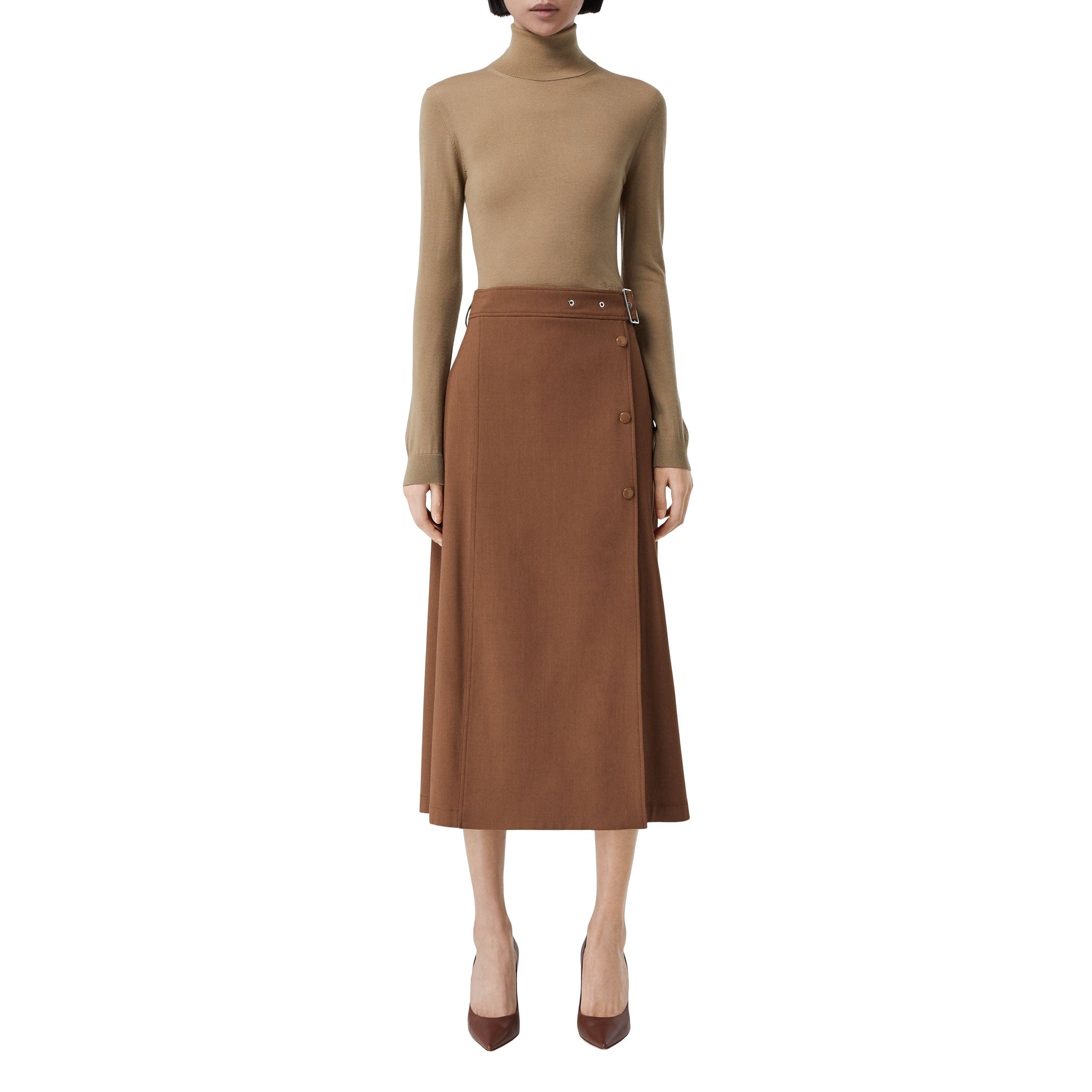 Jupe ceinturée sur mesure en viscose et laine - Warm Walnut