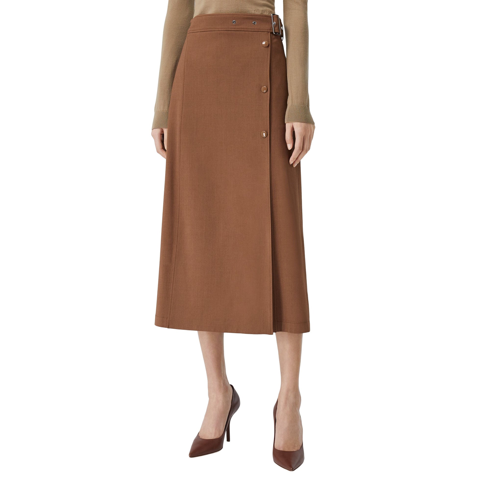Jupe ceinturée sur mesure en viscose et laine - Warm Walnut