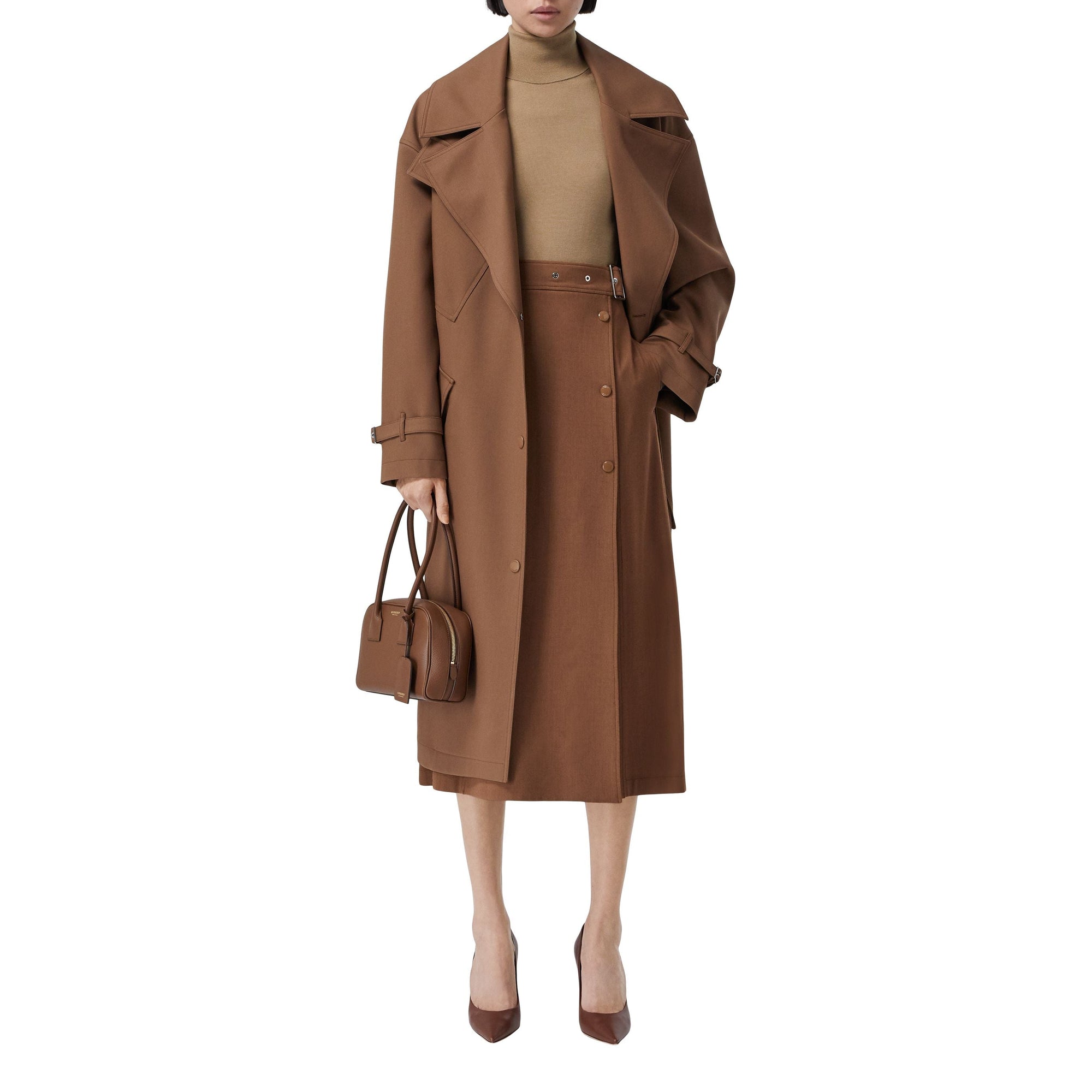 Jupe ceinturée sur mesure en viscose et laine - Warm Walnut