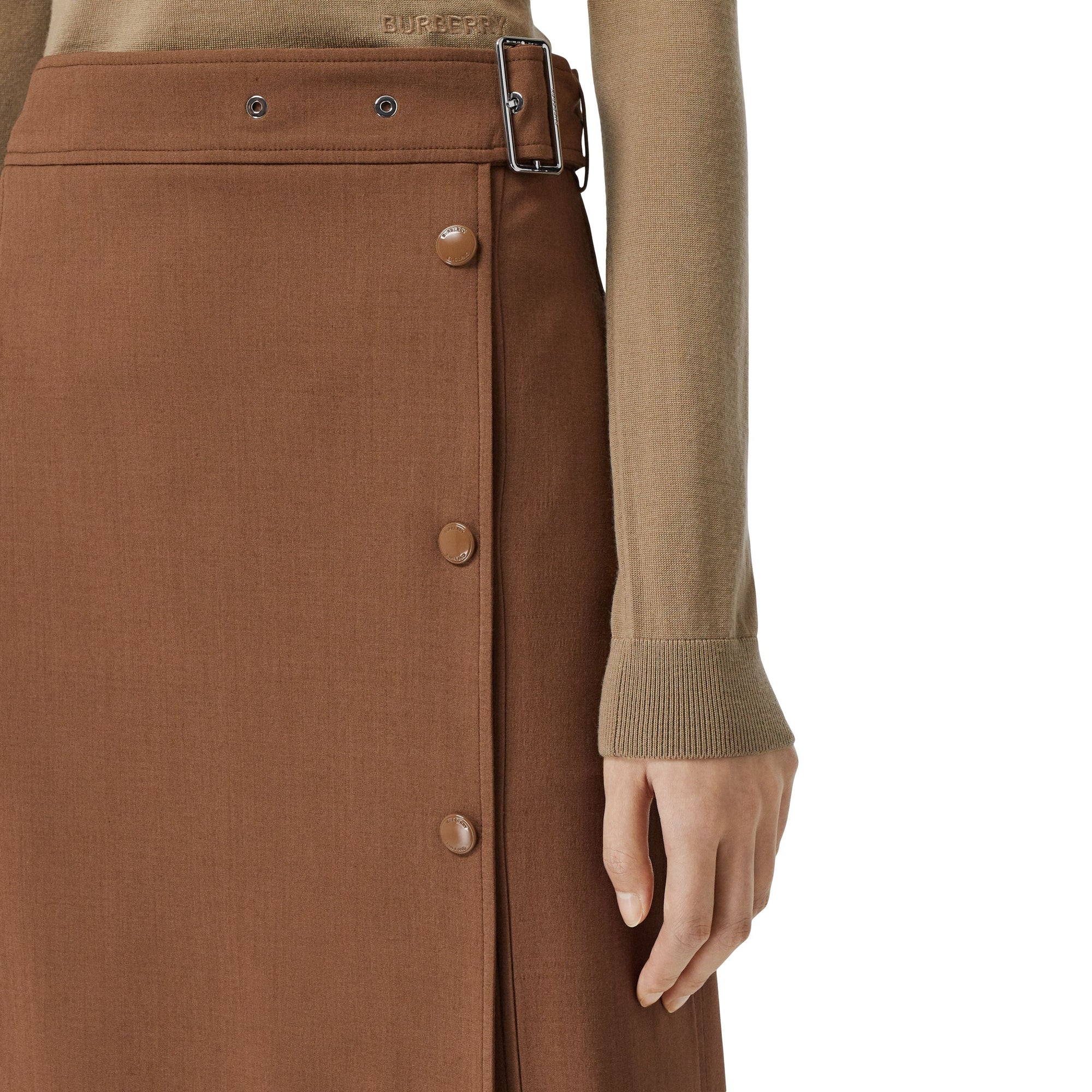 Jupe ceinturée sur mesure en viscose et laine - Warm Walnut