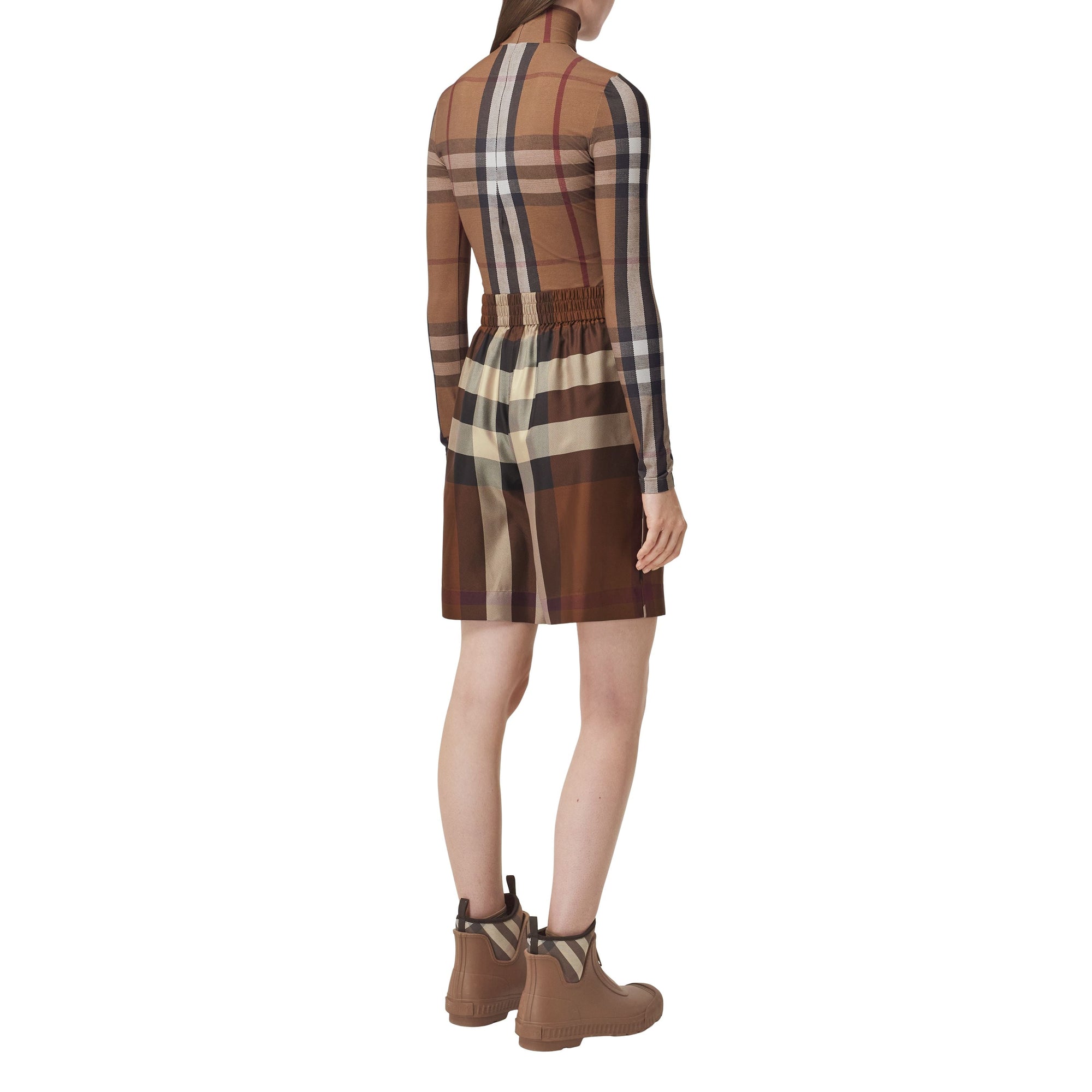 T-shirt à col montant stretch à motif check - Birch Brown