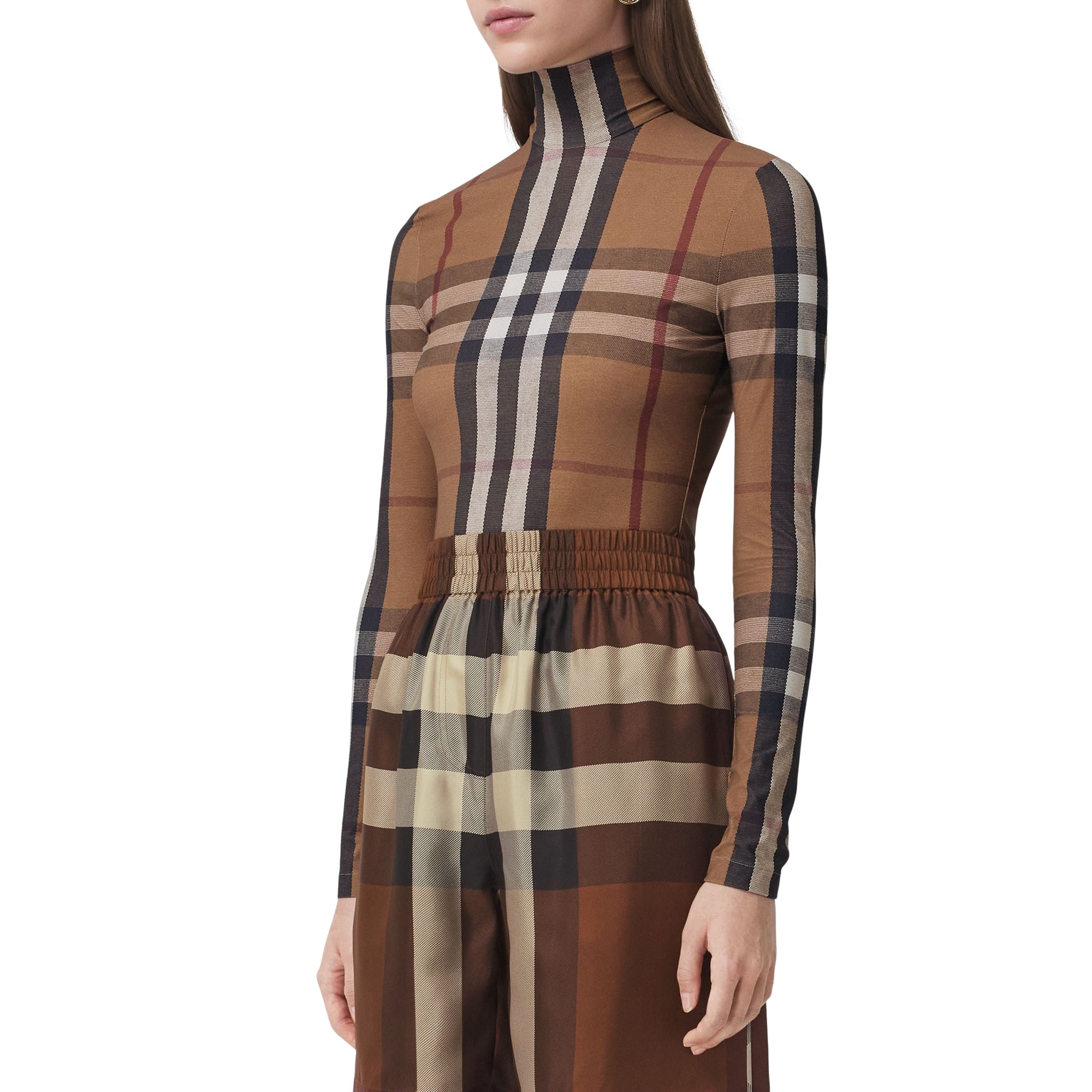 T-shirt à col montant stretch à motif check - Birch Brown