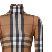 T-shirt à col montant stretch à motif check - Birch Brown