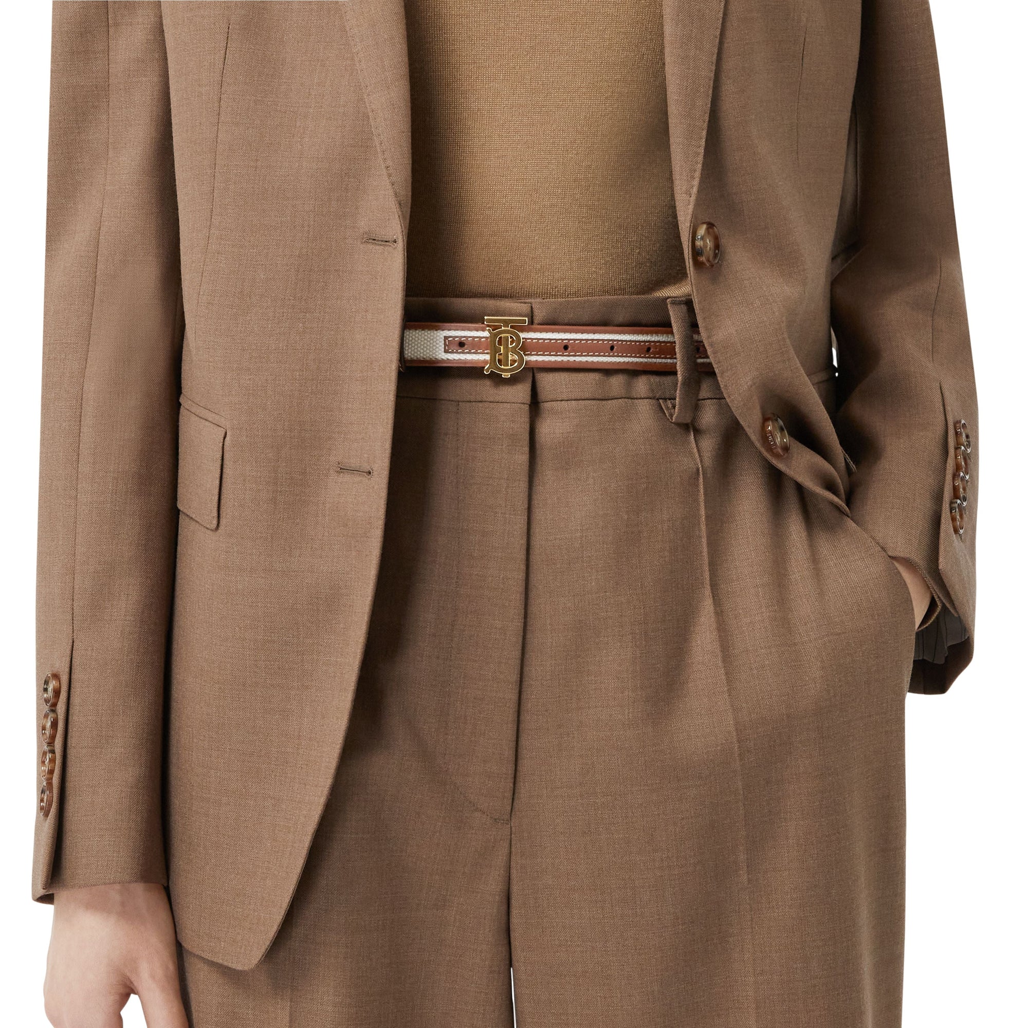 Ceinture TB à plaque en toile et cuir - Natural & Tan