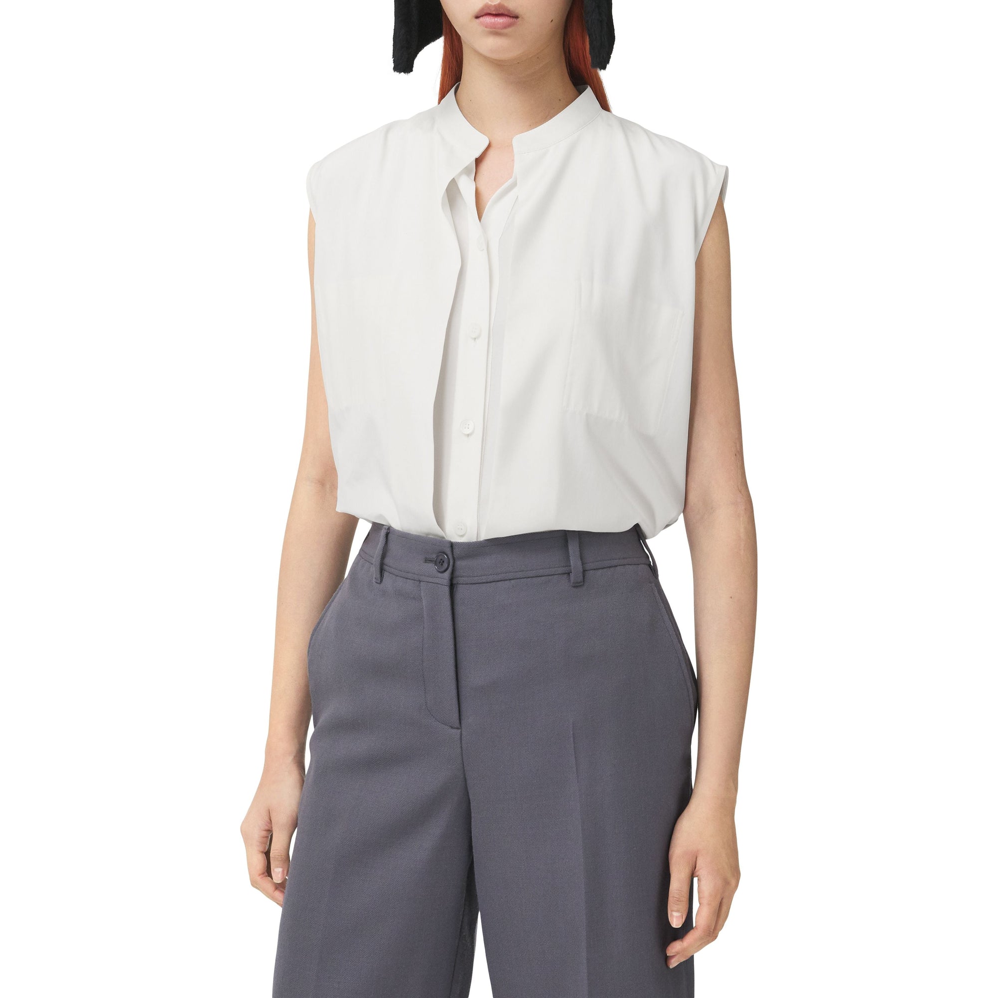 Chemise sans manches en crêpe de soie de Chine avec logo - Neutral White