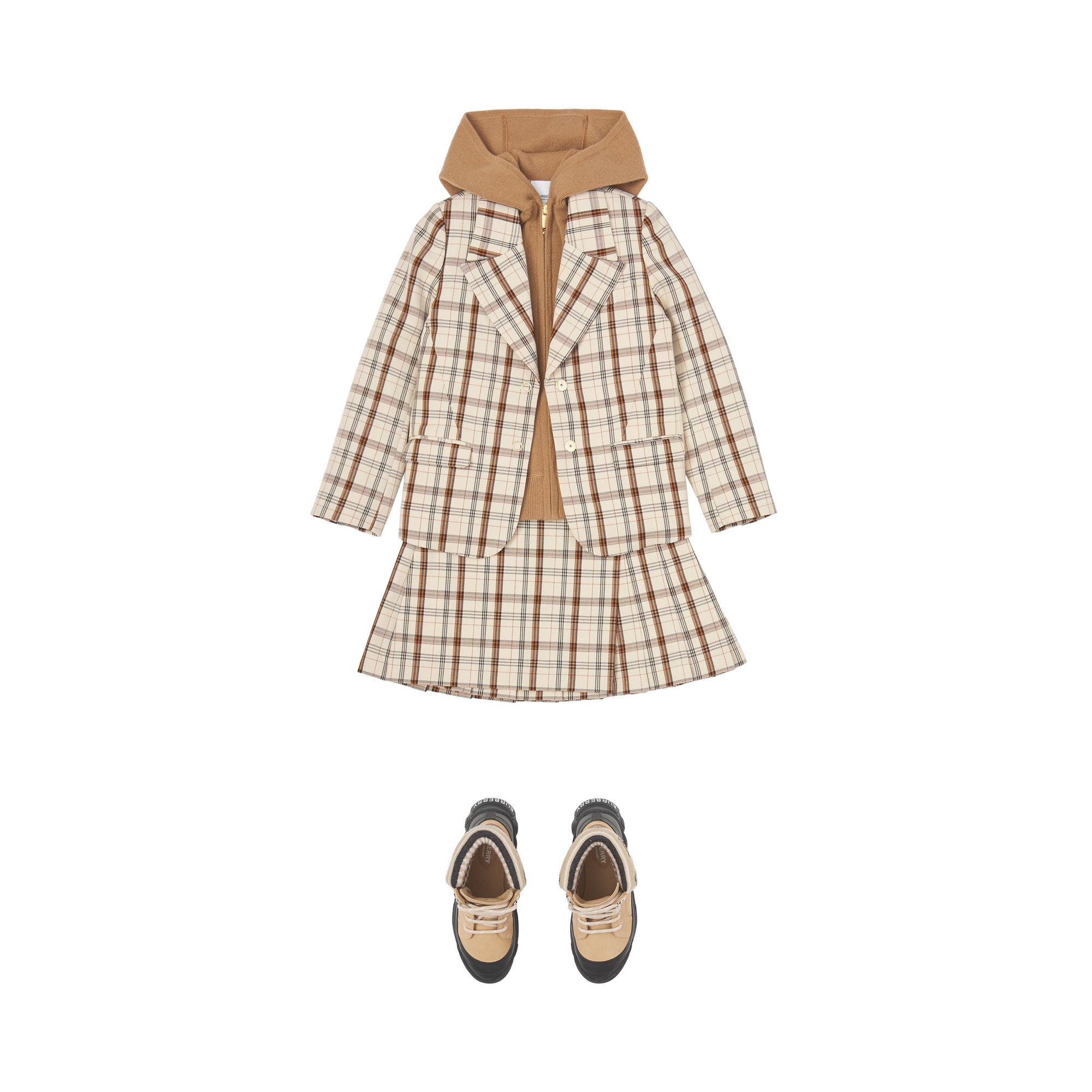 Jupe plissée en laine à motif check à logo - Beige Check