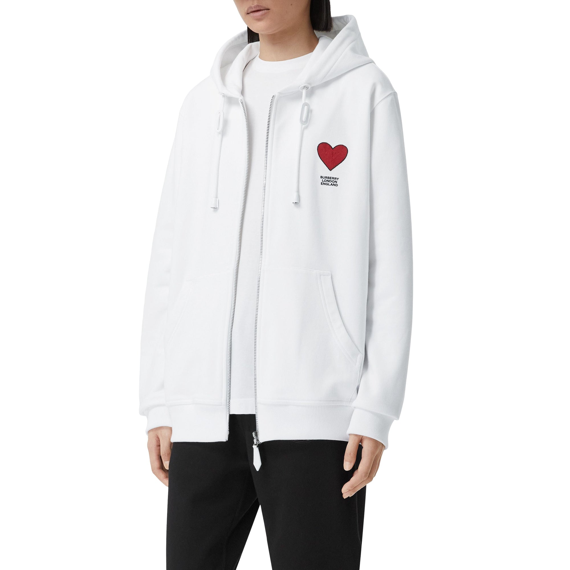 Haut à capuche en coton à motif cœur unisexe - White