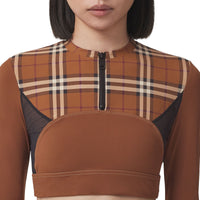 Haut court en jersey stretch avec Check - Dark Birch Brown