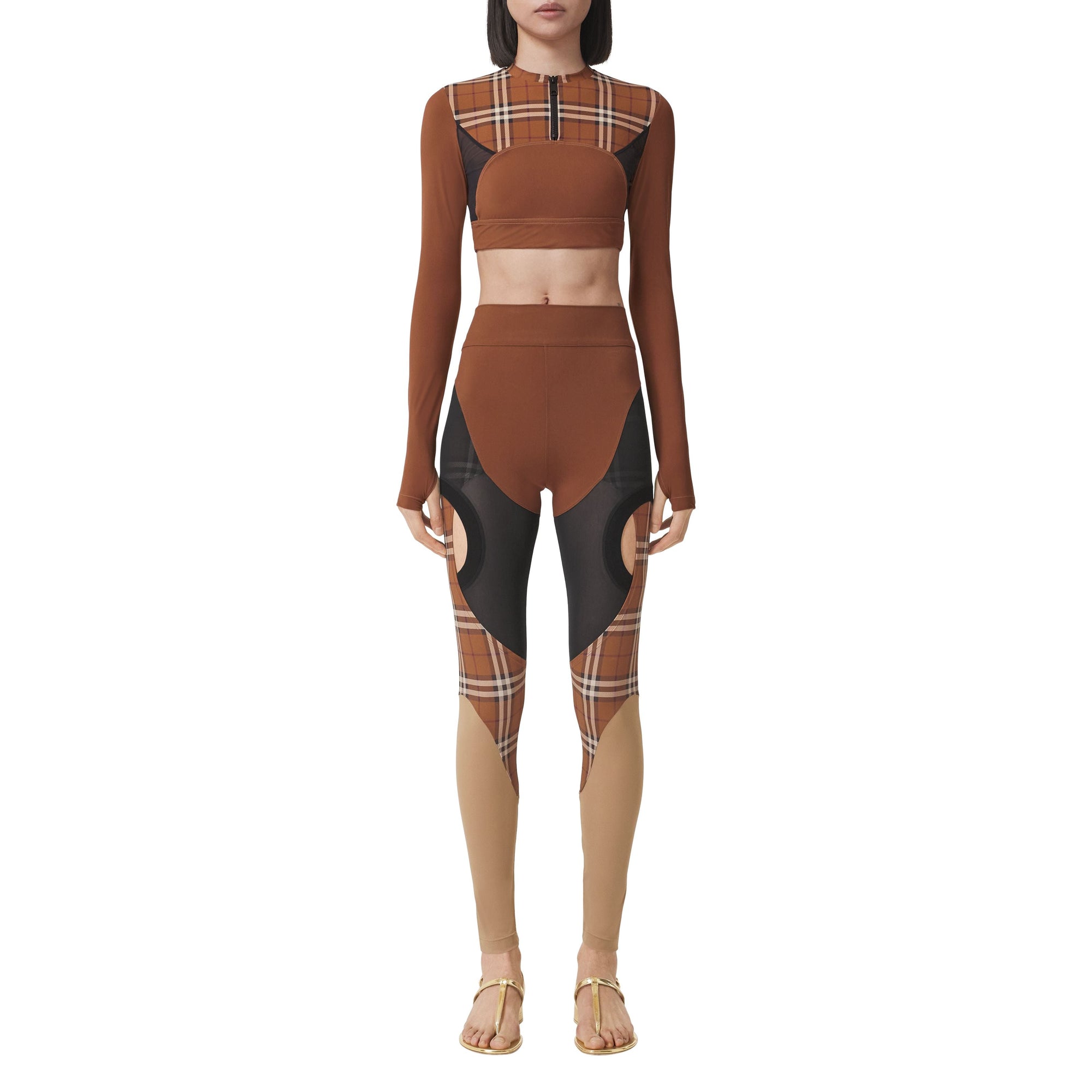 Haut court en jersey stretch avec Check - Dark Birch Brown