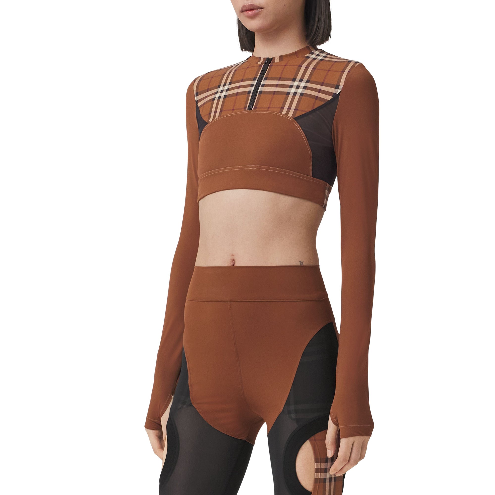 Haut court en jersey stretch avec Check - Dark Birch Brown