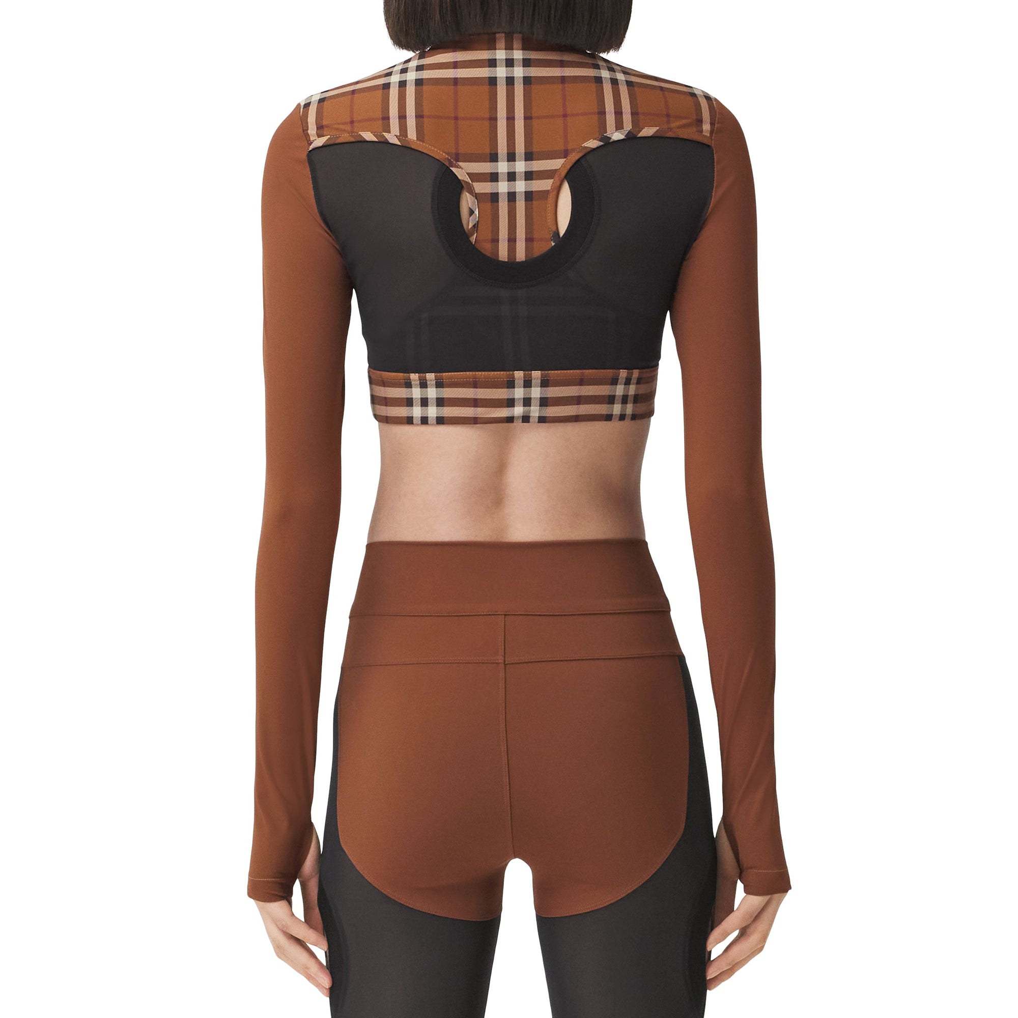 Haut court en jersey stretch avec Check - Dark Birch Brown