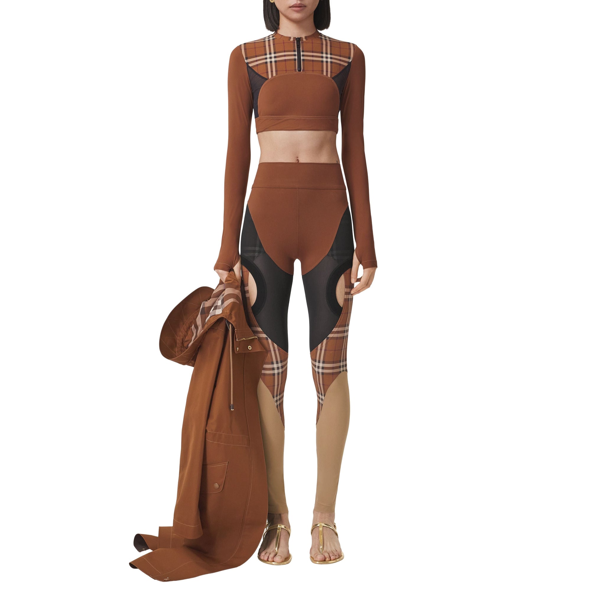 Haut court en jersey stretch avec Check - Dark Birch Brown