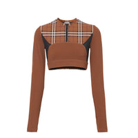 Haut court en jersey stretch avec Check - Dark Birch Brown