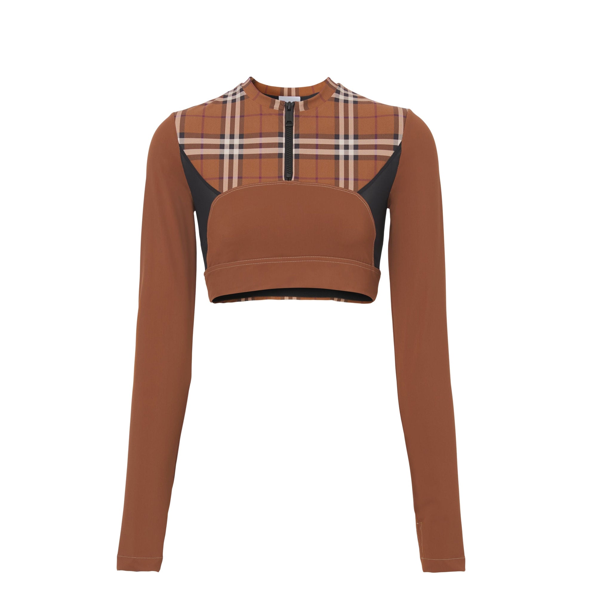 Haut court en jersey stretch avec Check - Dark Birch Brown