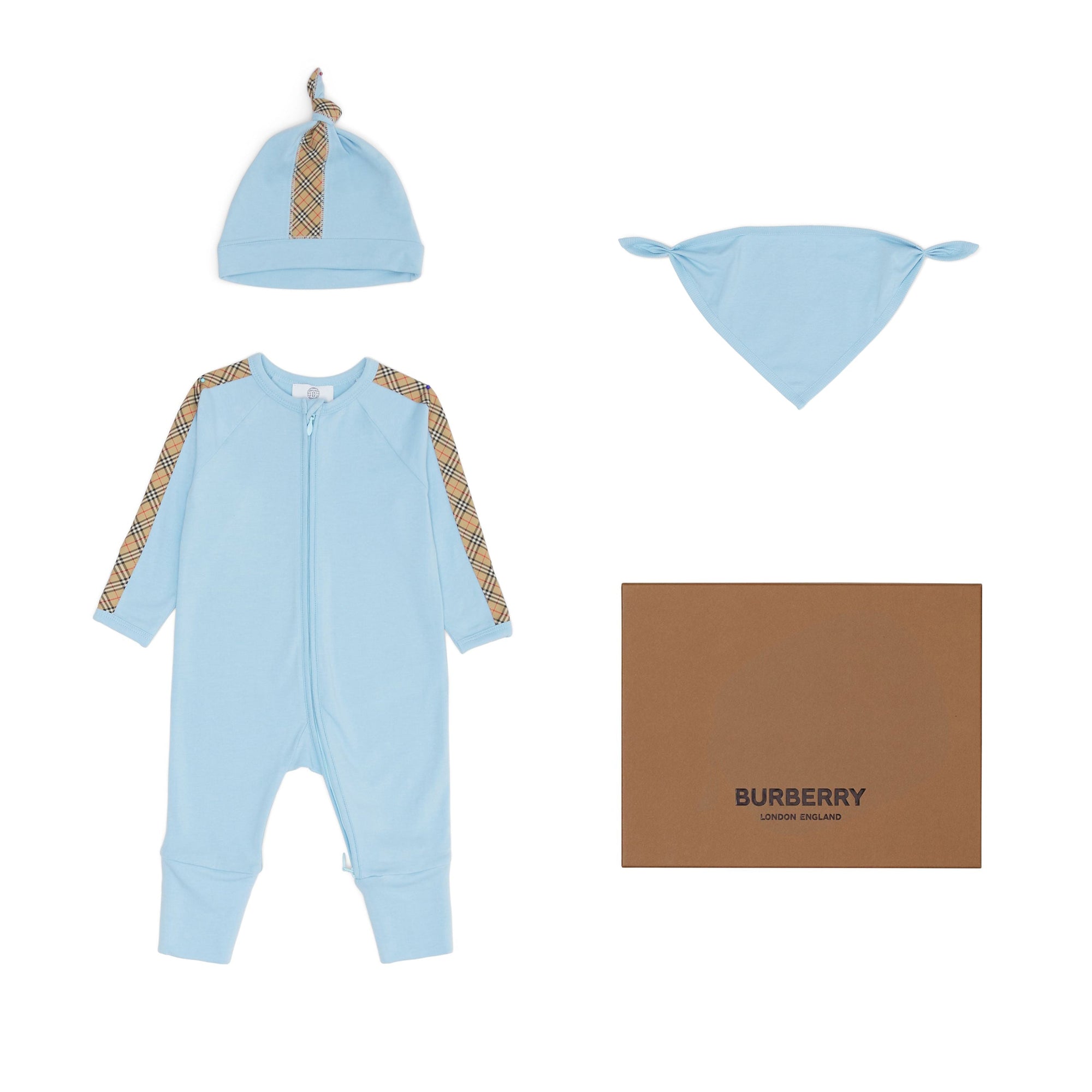 Coffret cadeau pour bébé à carreaux en trois pièces - Powdered Blue