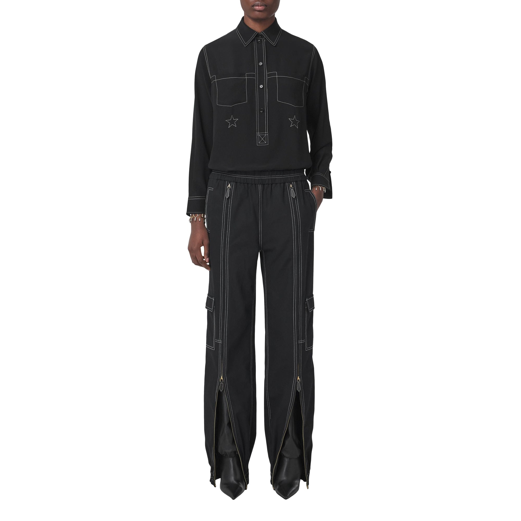 Chemise en crêpe de soie de Chine surpiqué - Black