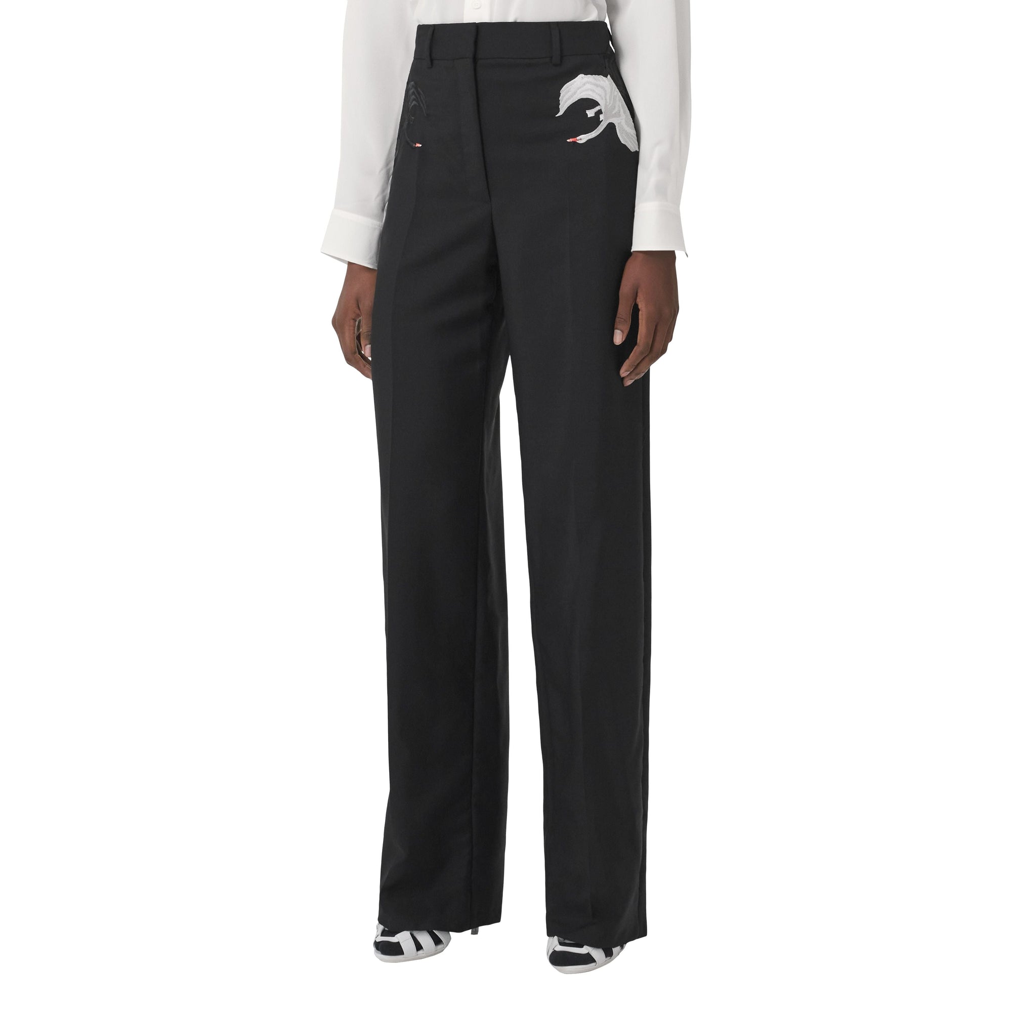 Pantalon ample à motif cygne en laine - Black