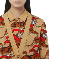 Cardigan en jacquard de laine technique avec tigre - Honey Beige