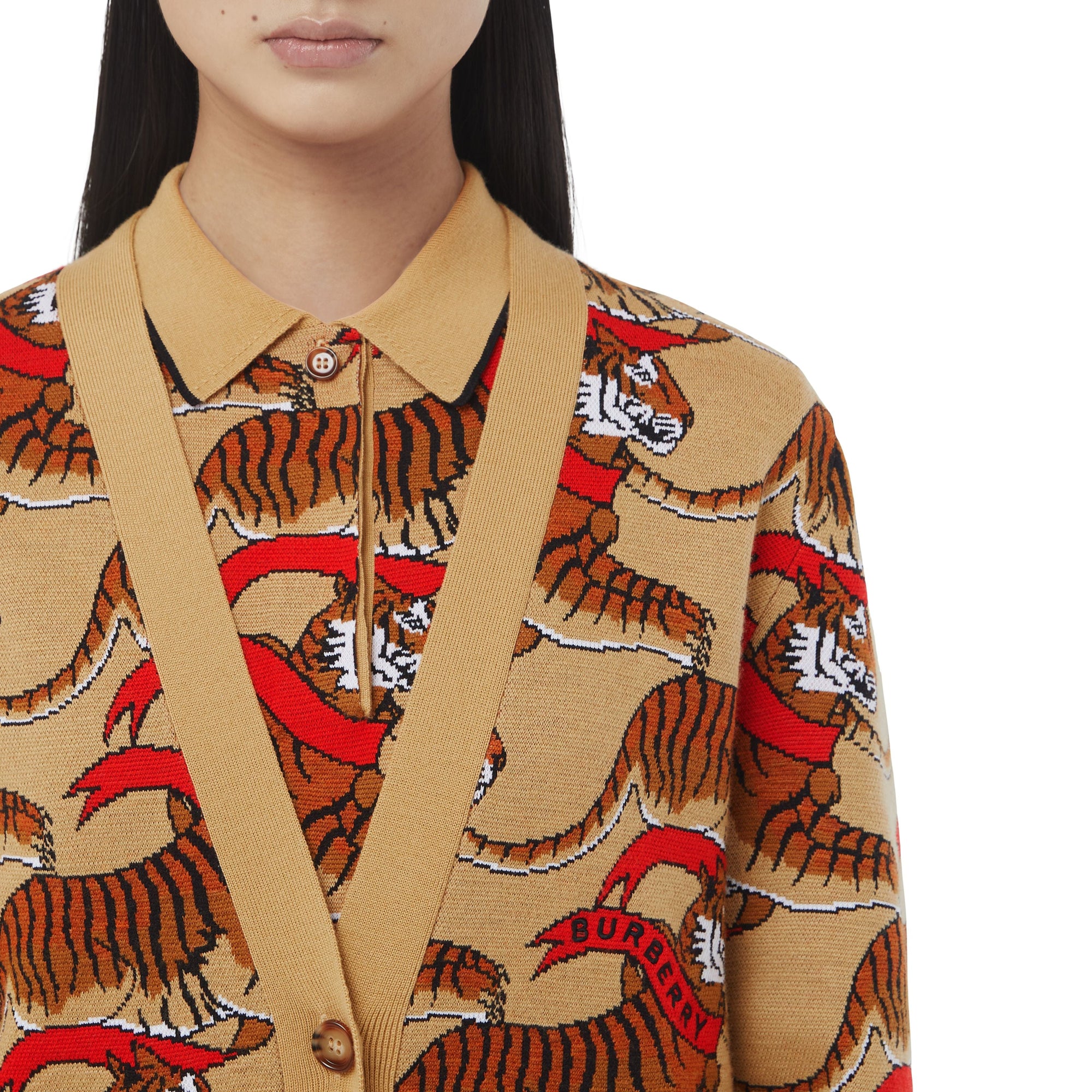 Cardigan en jacquard de laine technique avec tigre - Honey Beige