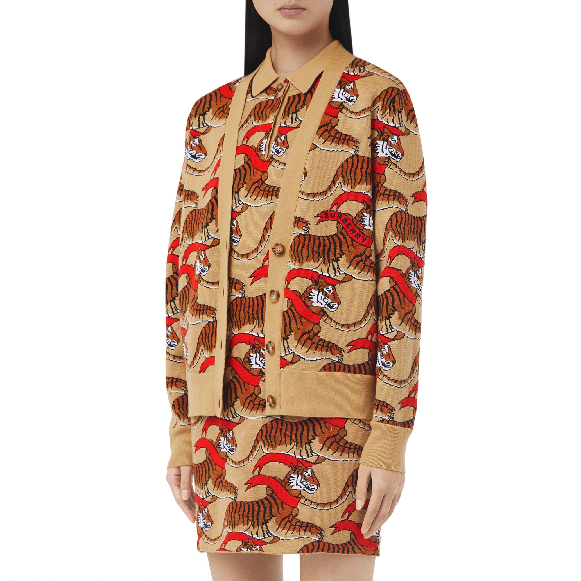 Cardigan en jacquard de laine technique avec tigre - Honey Beige