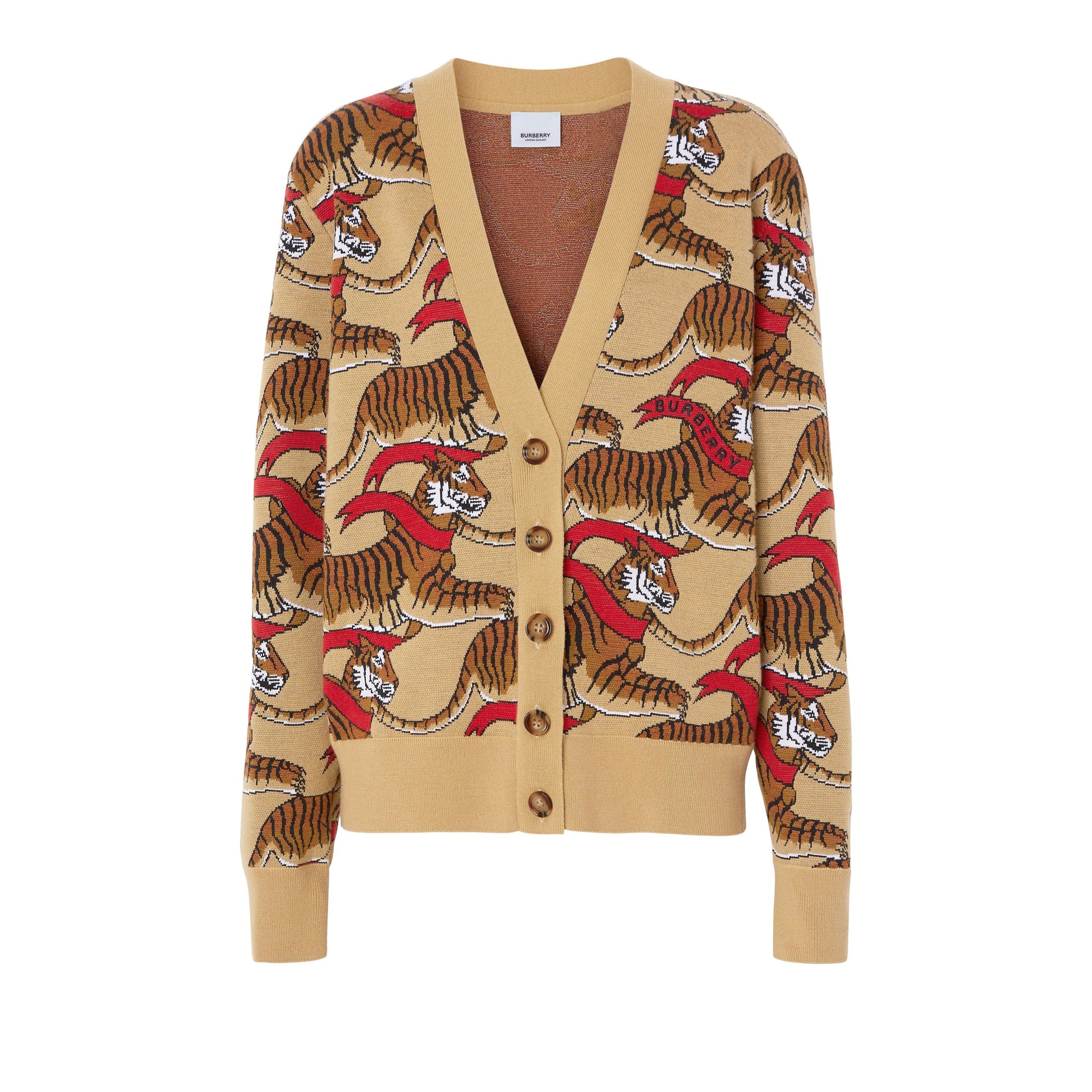 Cardigan en jacquard de laine technique avec tigre - Honey Beige