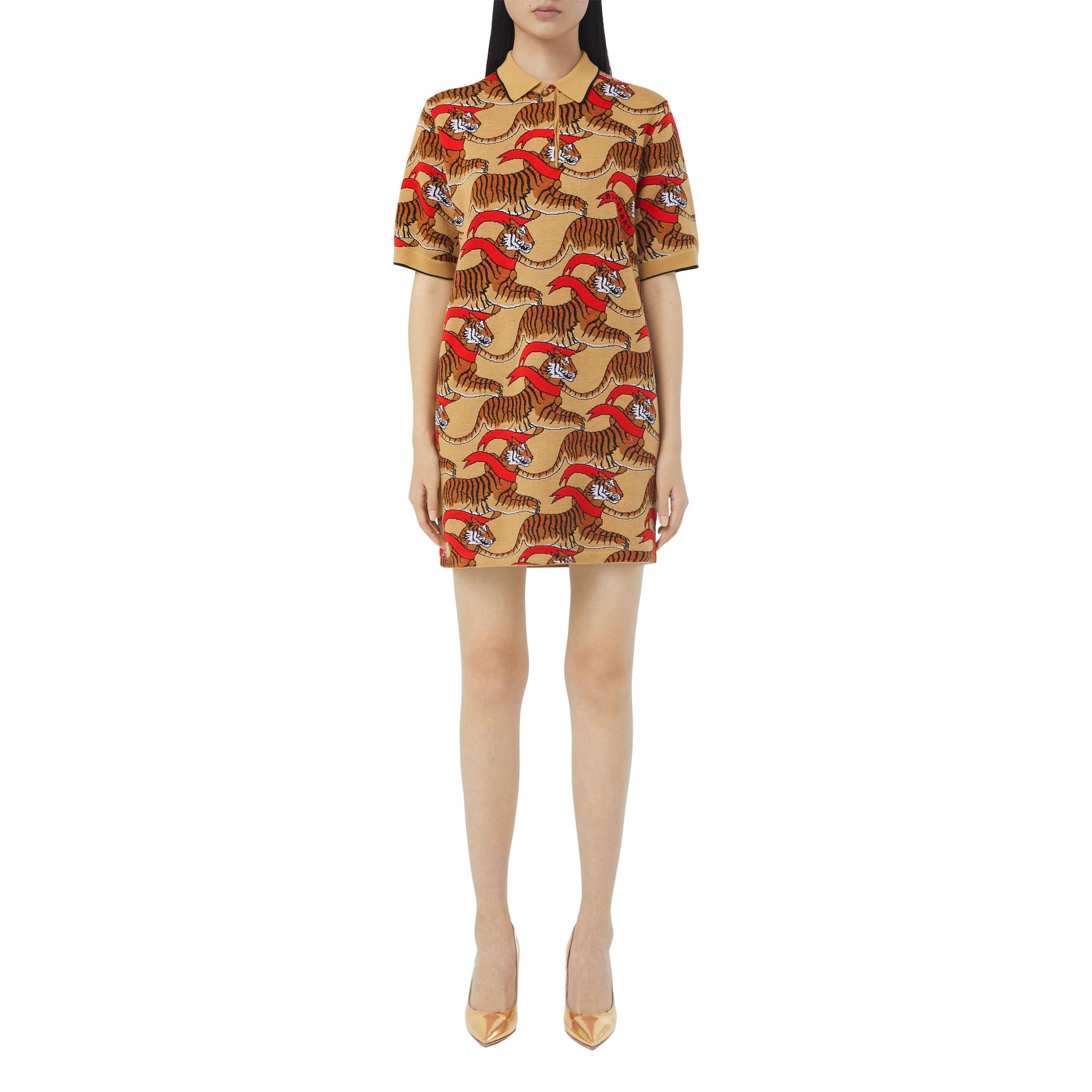 Robe en jacquard de laine technique à tigre - Honey Beige