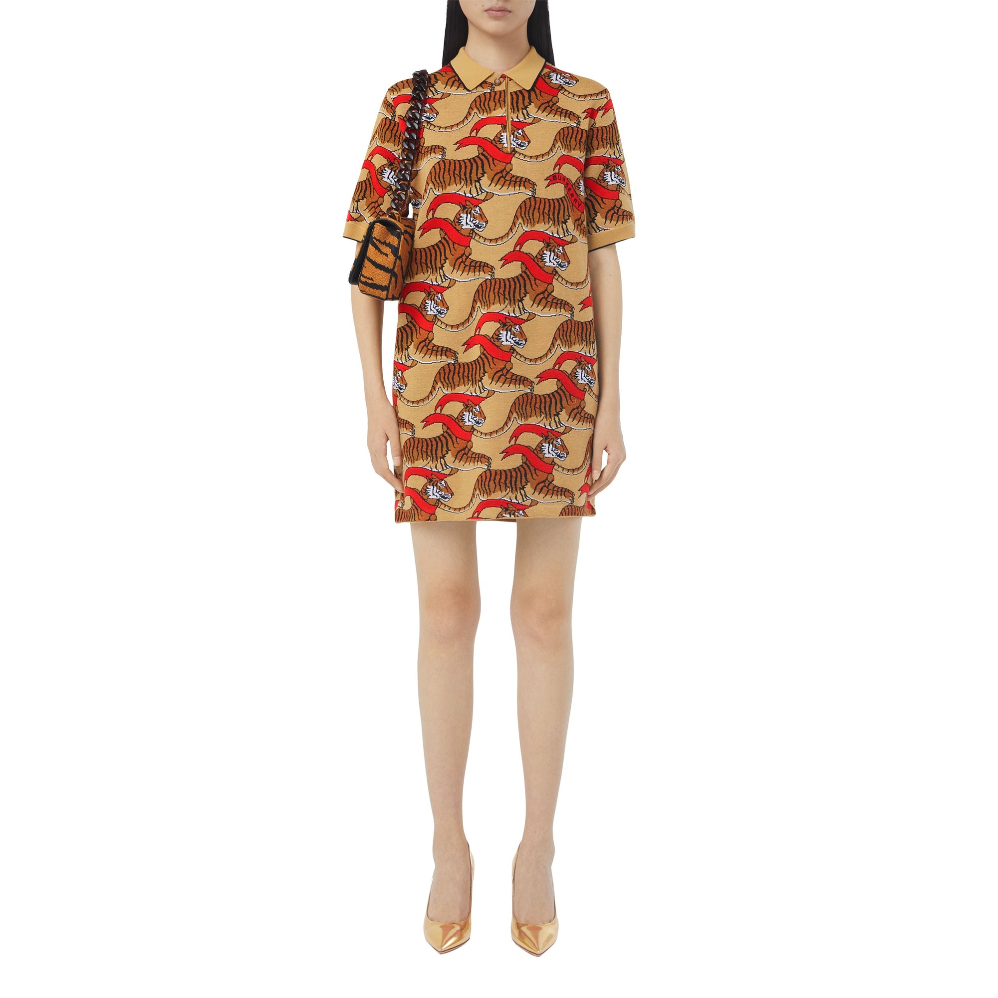 Robe en jacquard de laine technique à tigre - Honey Beige