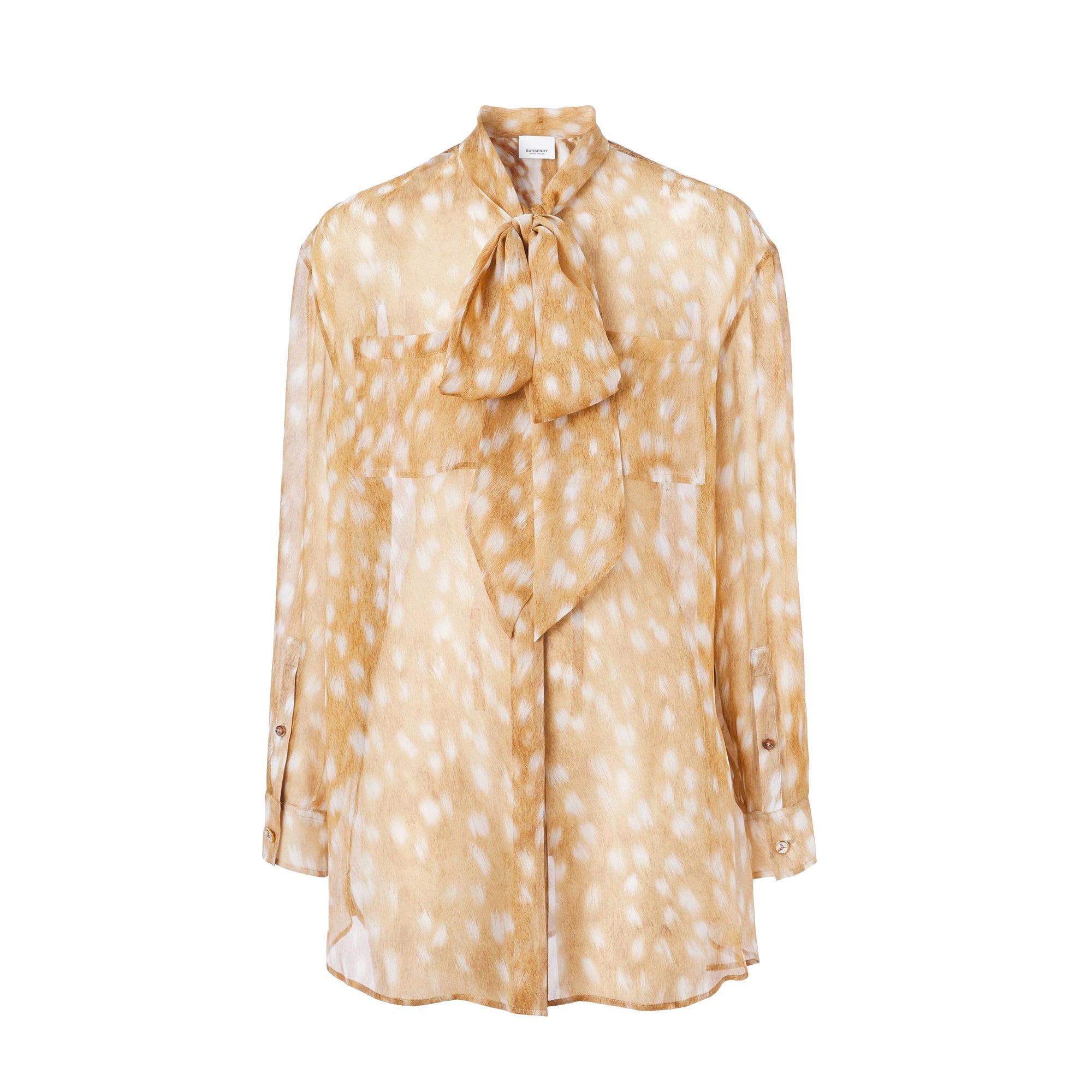 Chemisier à col lavallière en soie à imprimé daim - Honey Beige