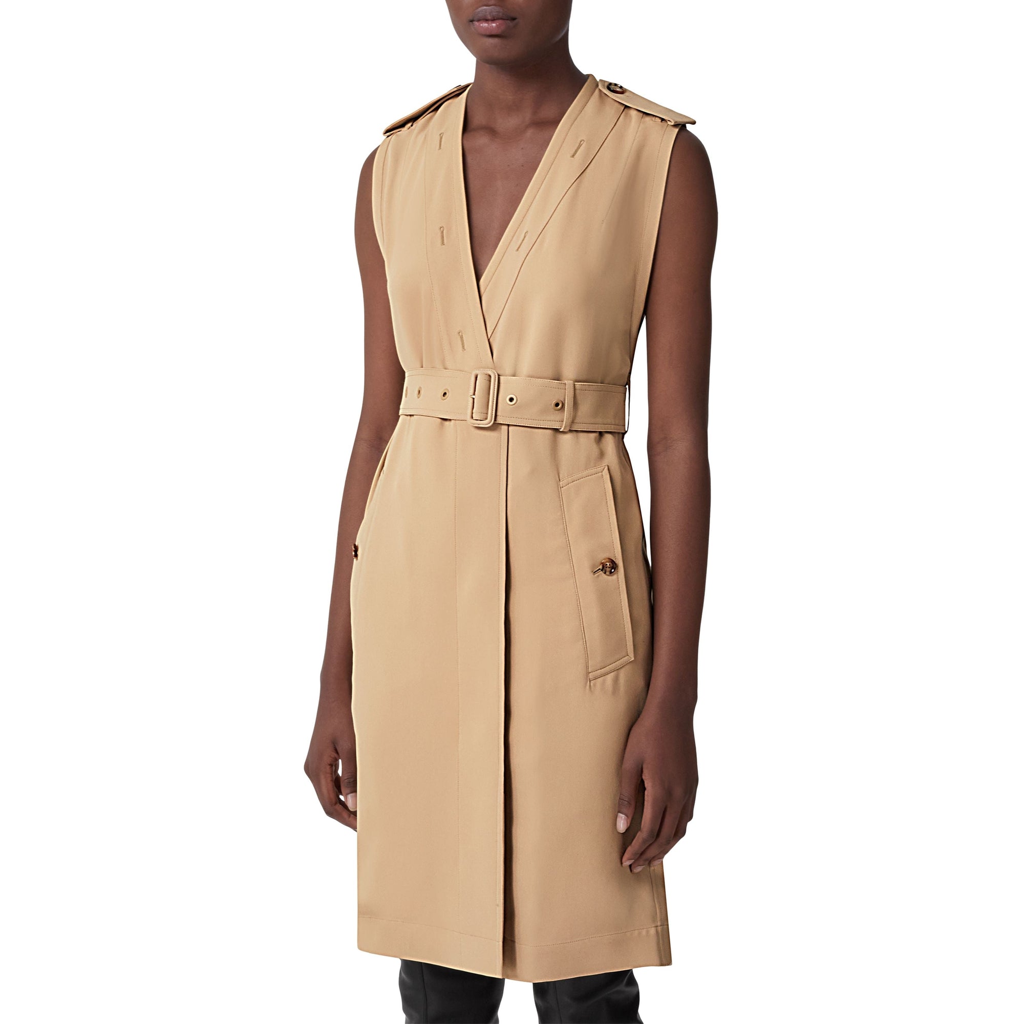 Robe trench à col en V sans manches - Soft Fawn