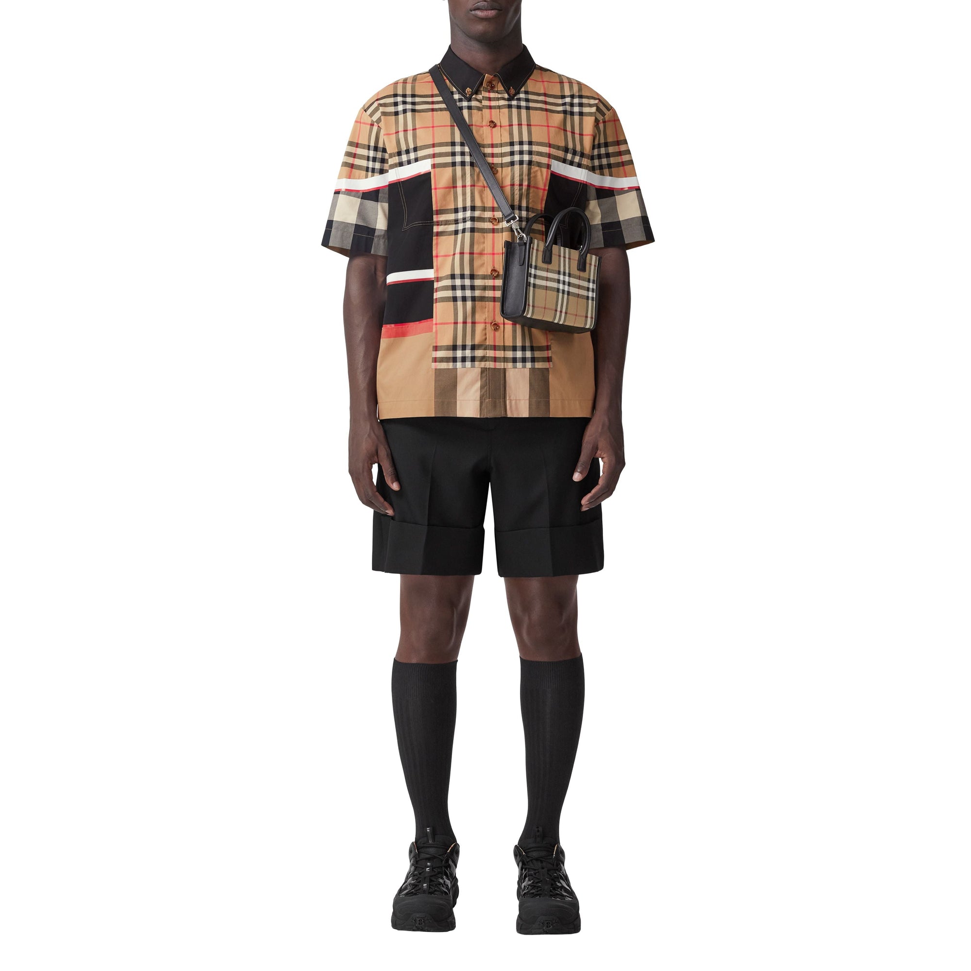 Chemise à manches courtes à carreaux patchwork - Archive Beige Check