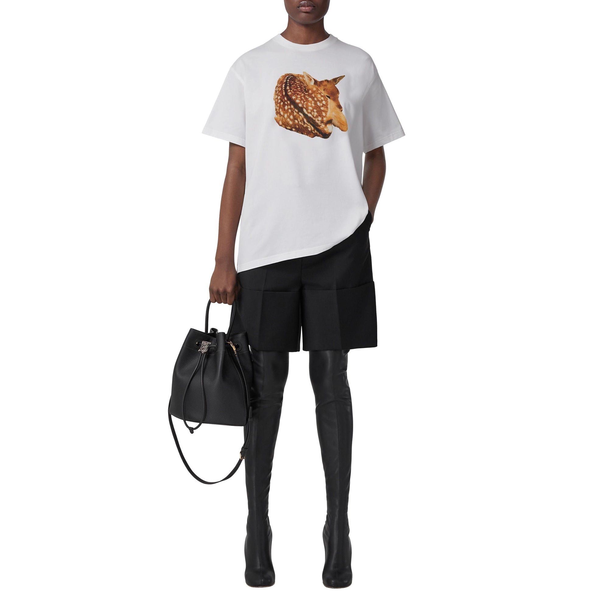 T-shirt oversize en coton à imprimé daim - White