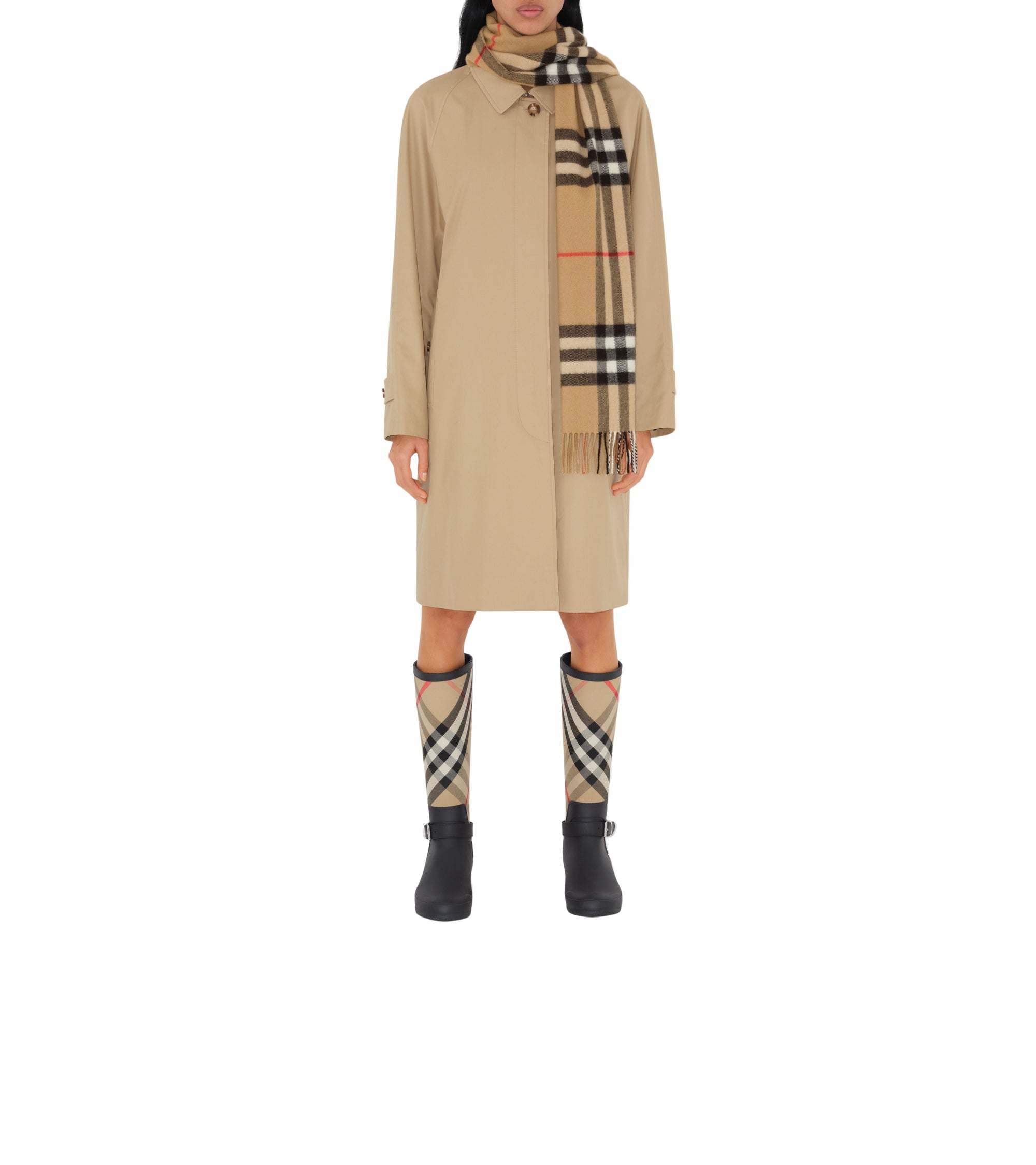 Écharpe en cachemire à motif check et franges - Archive Beige