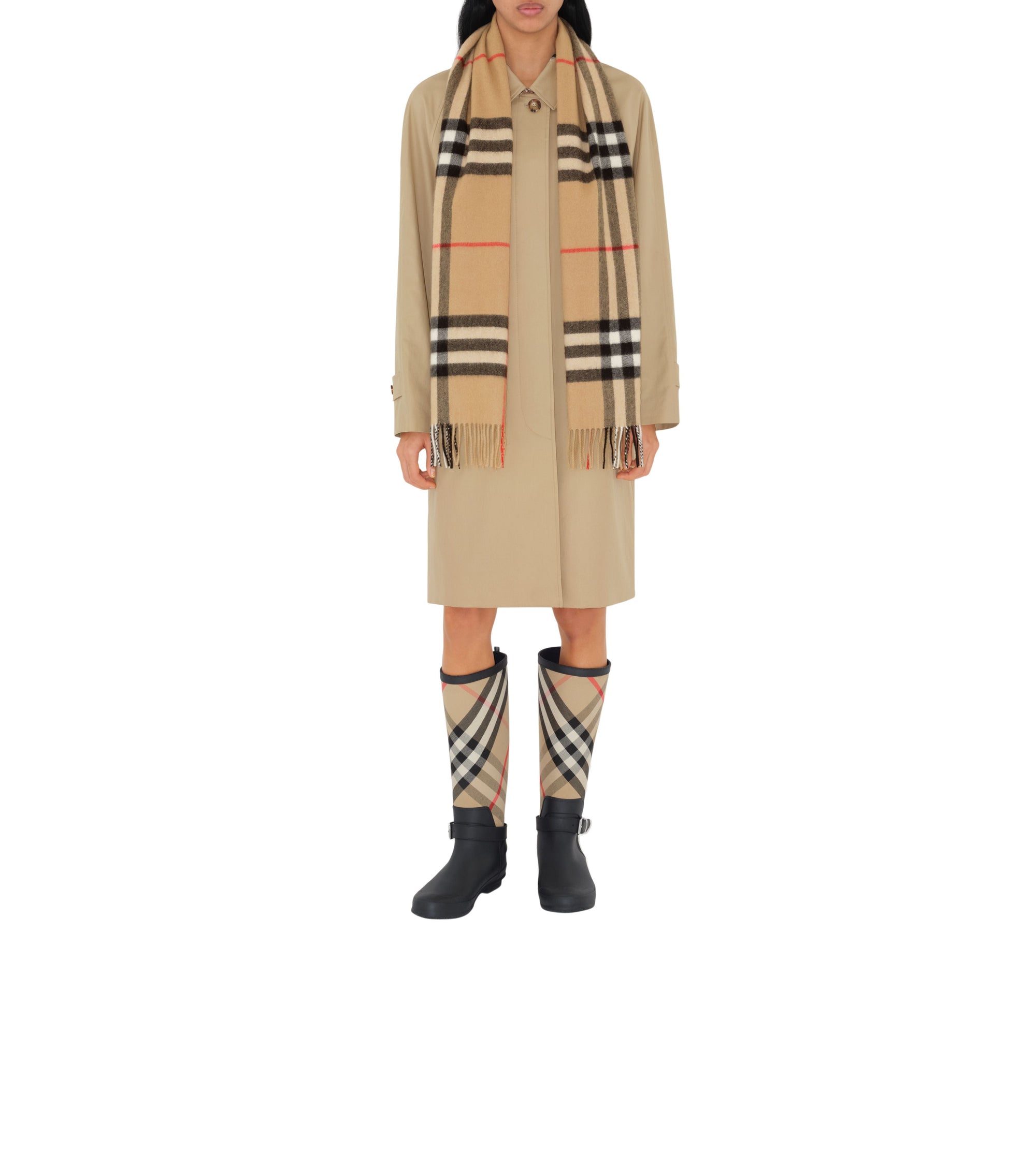 Écharpe en cachemire à motif check et franges - Archive Beige