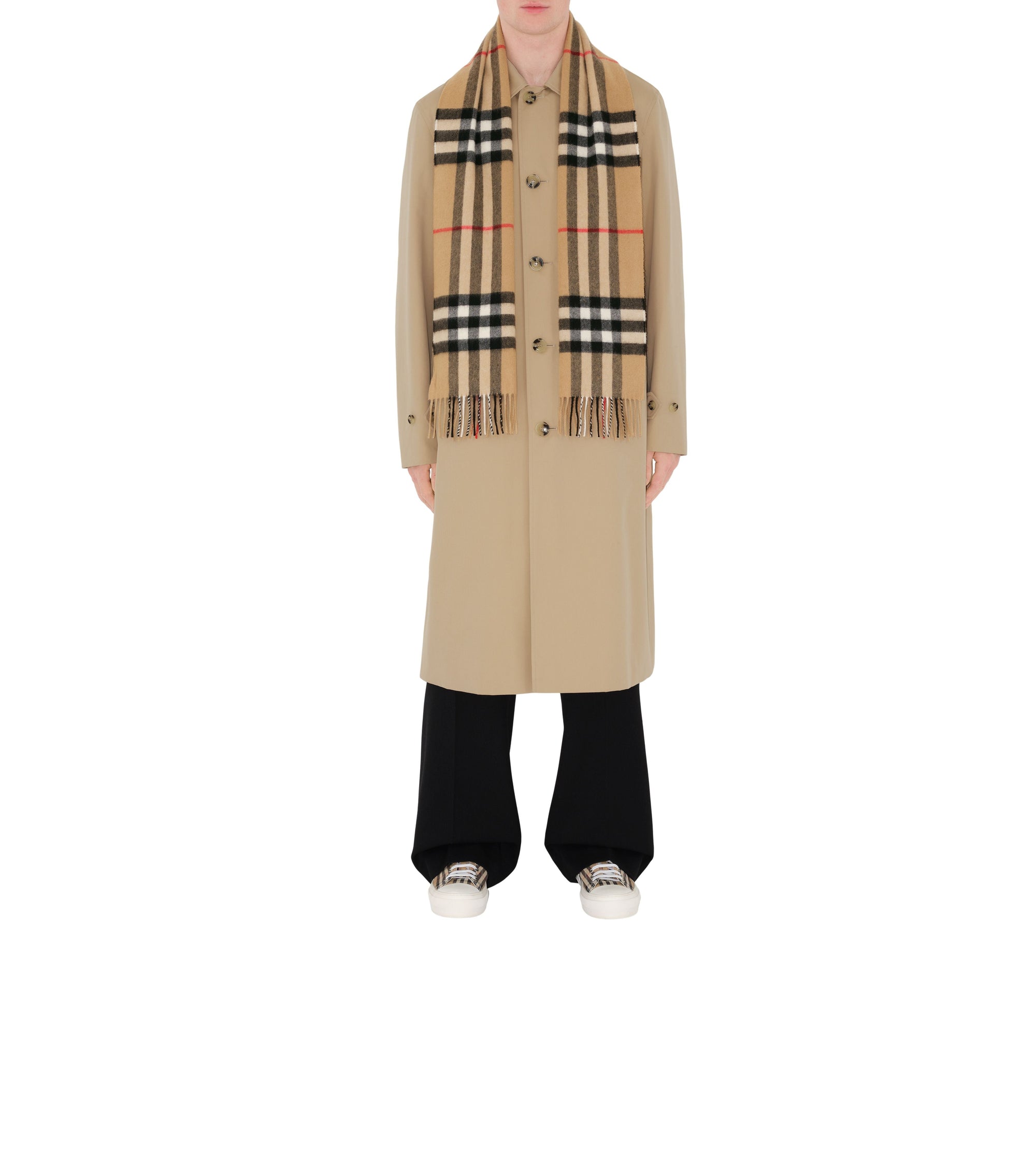 Écharpe en cachemire à motif check et franges - Archive Beige