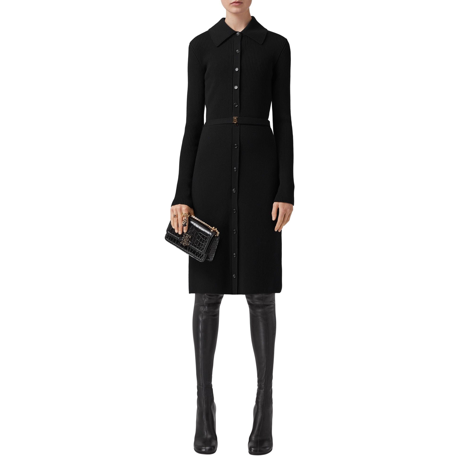Robe en maille de laine côtelée - Black