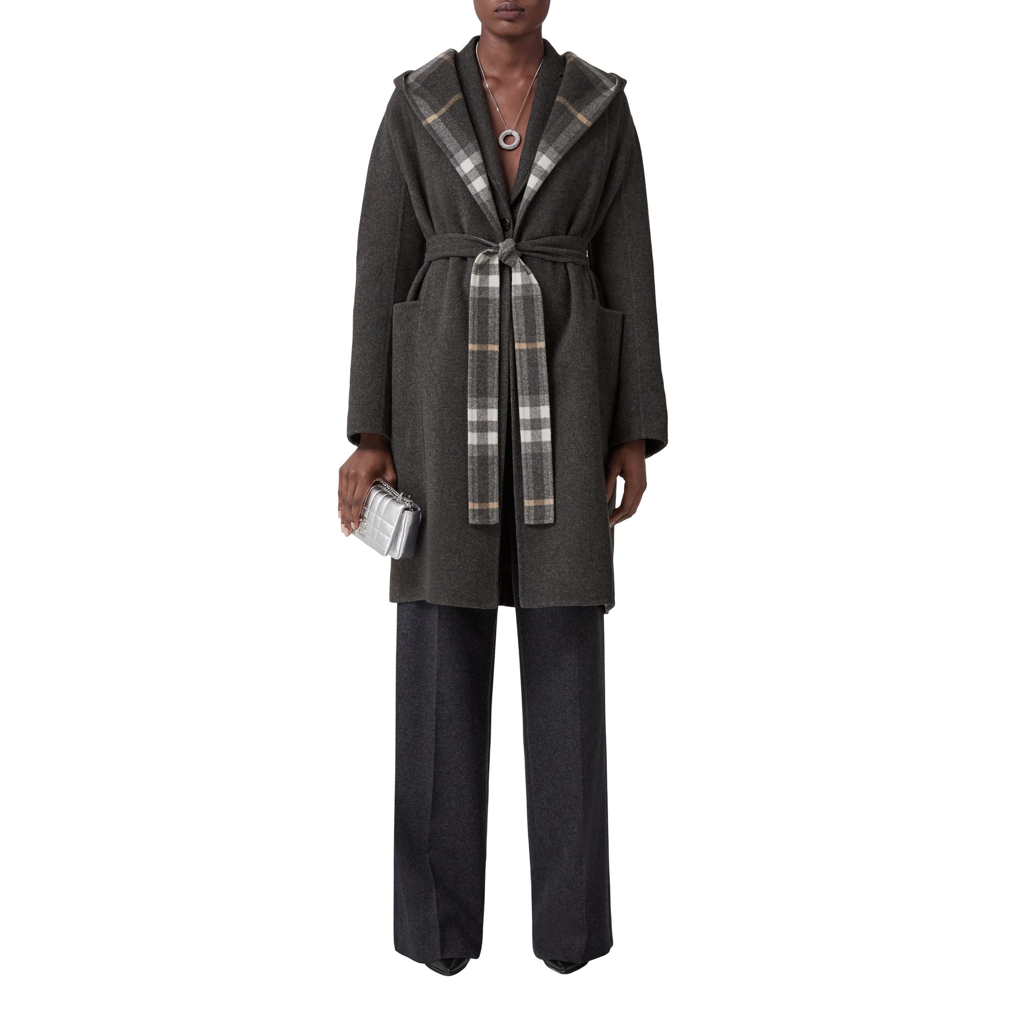 Manteau portefeuille à capuche en laine - Charcoal & Grey Check