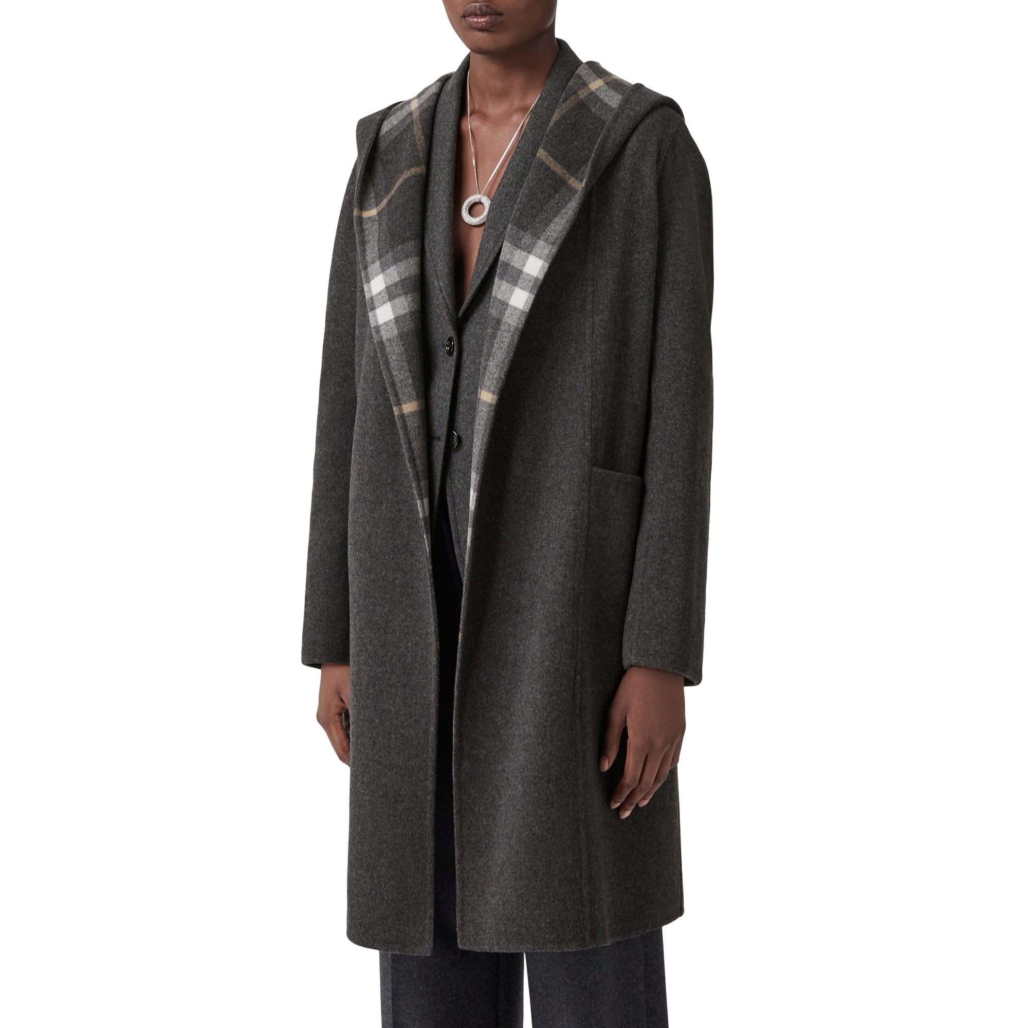 Manteau portefeuille à capuche en laine - Charcoal & Grey Check
